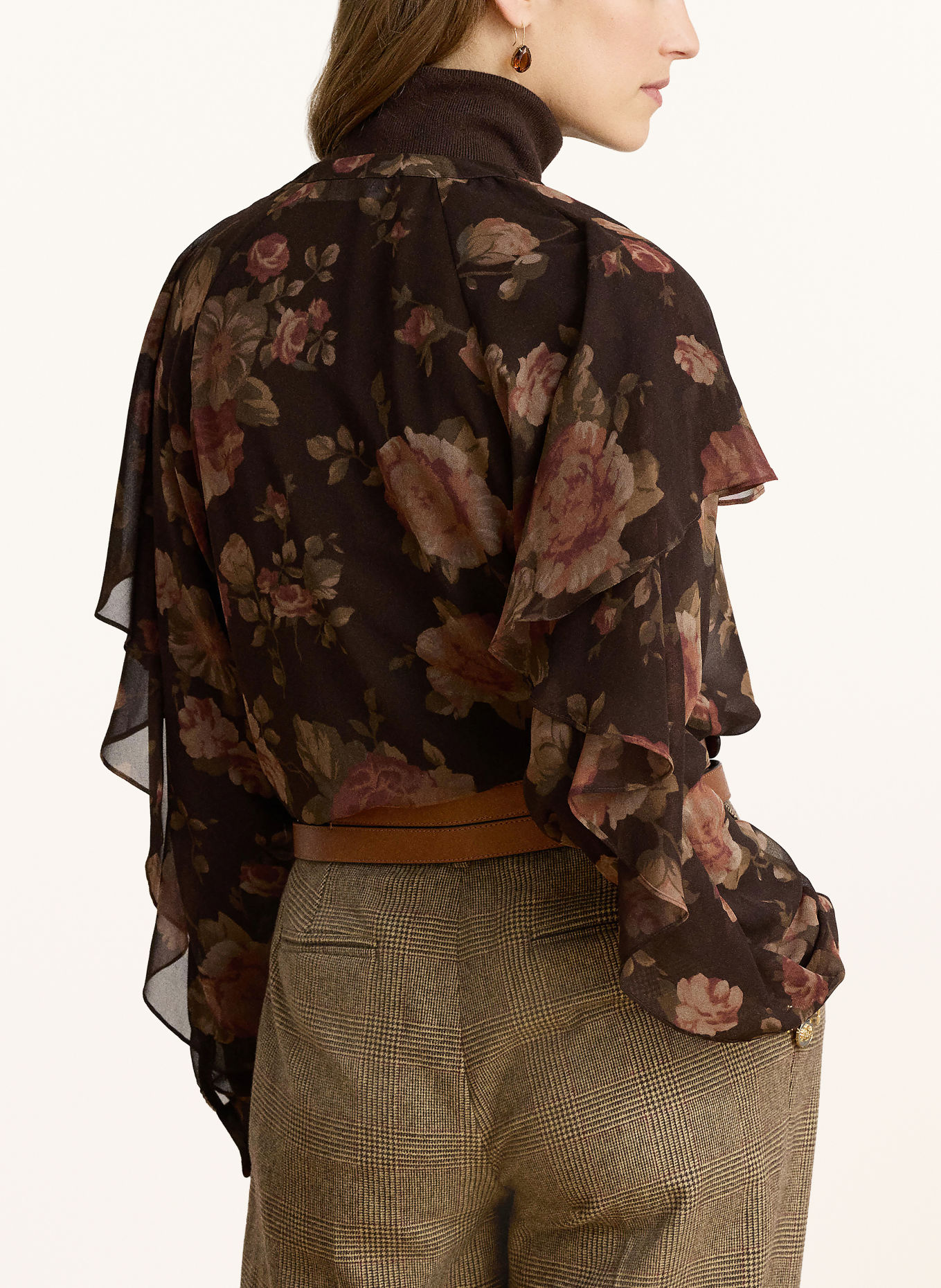 LAUREN RALPH LAUREN Blusenshirt mit Volants: DUNKELBRAUN / ALTROSA / KHAKI