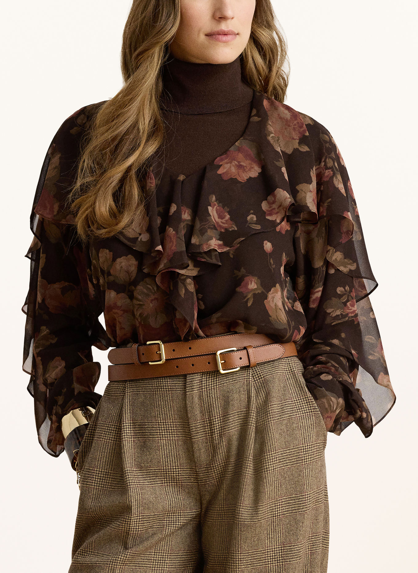 LAUREN RALPH LAUREN Blusenshirt mit Volants: DUNKELBRAUN / ALTROSA / KHAKI