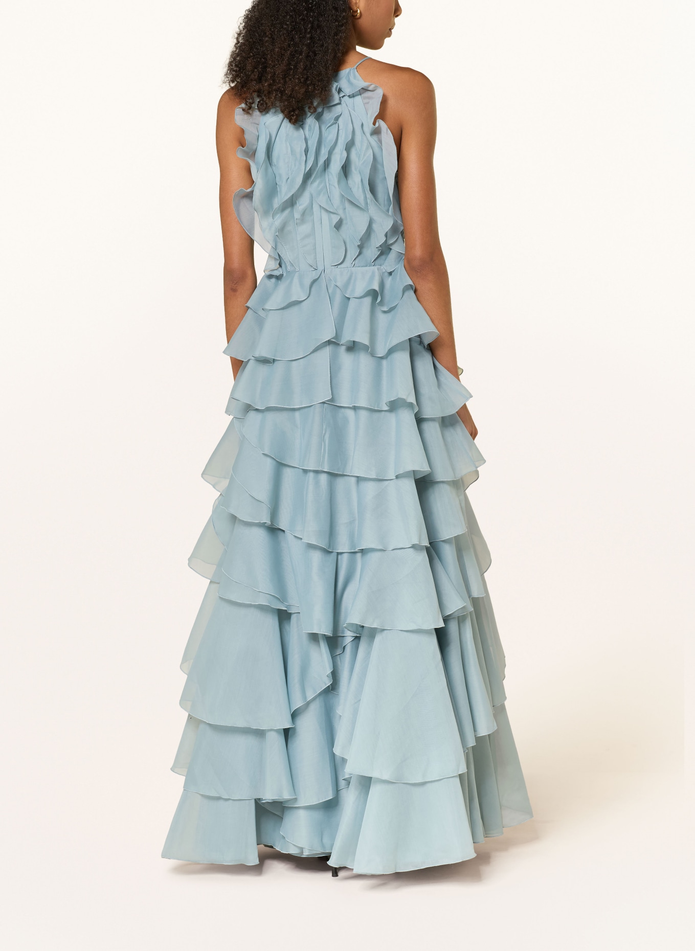 Aje. Robe de soirée CLEO à volants: BLEU PÉTROLE