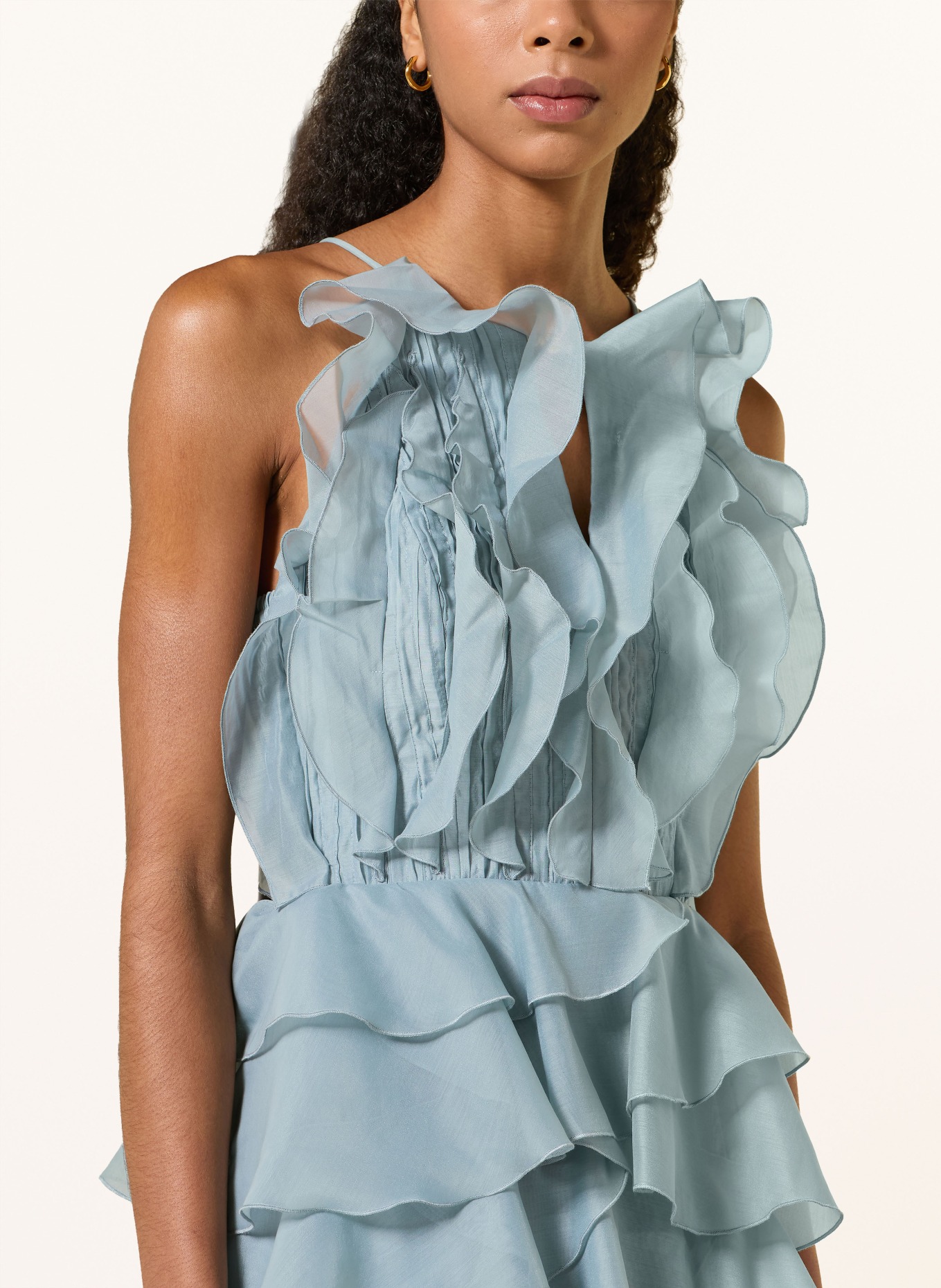 Aje. Robe de soirée CLEO à volants: BLEU PÉTROLE