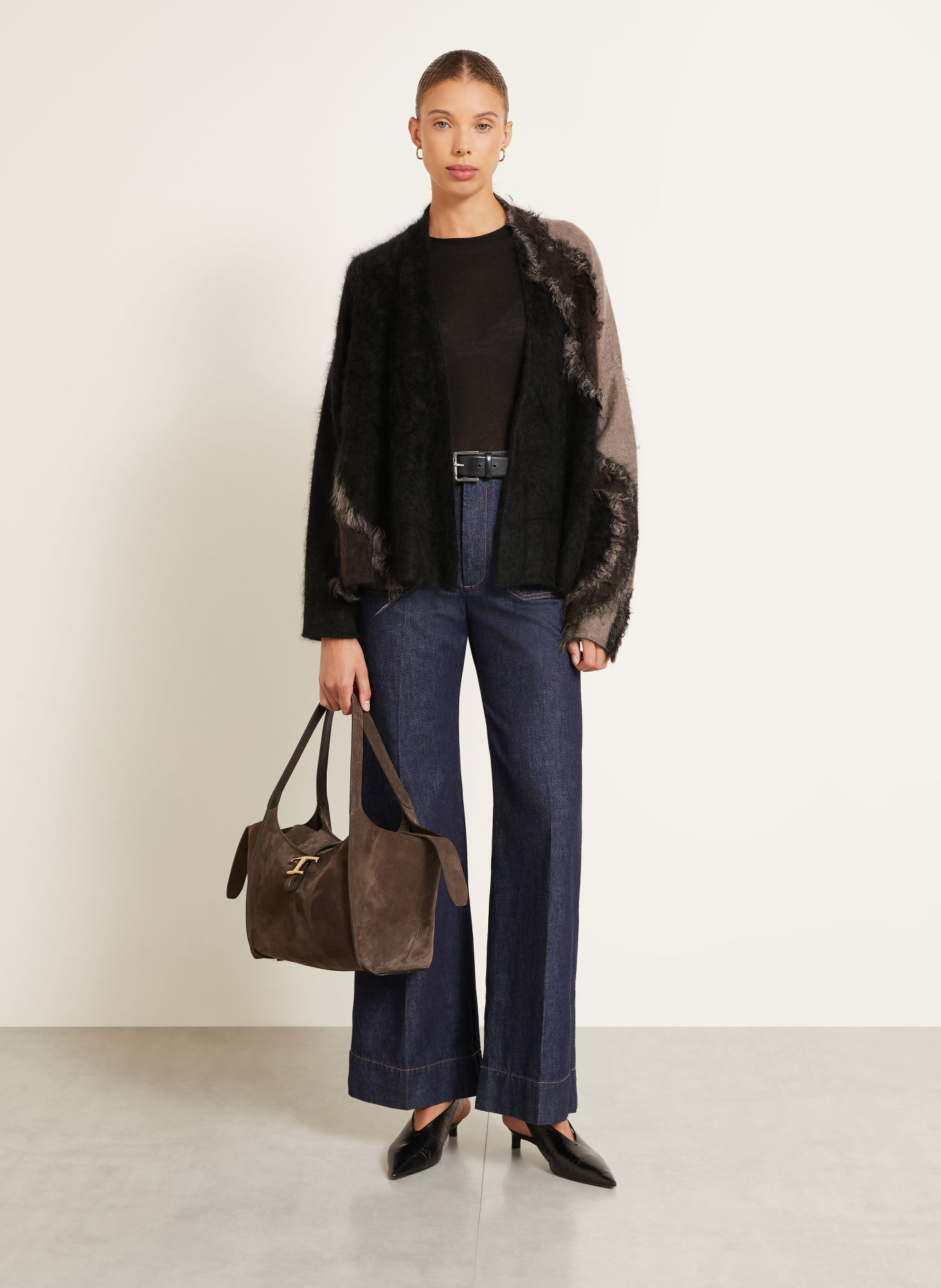 IRIS von ARNIM Gilet ouvert en maille TINAJA en cachemire: NOIR / MARRON FONCÉ / BEIGE