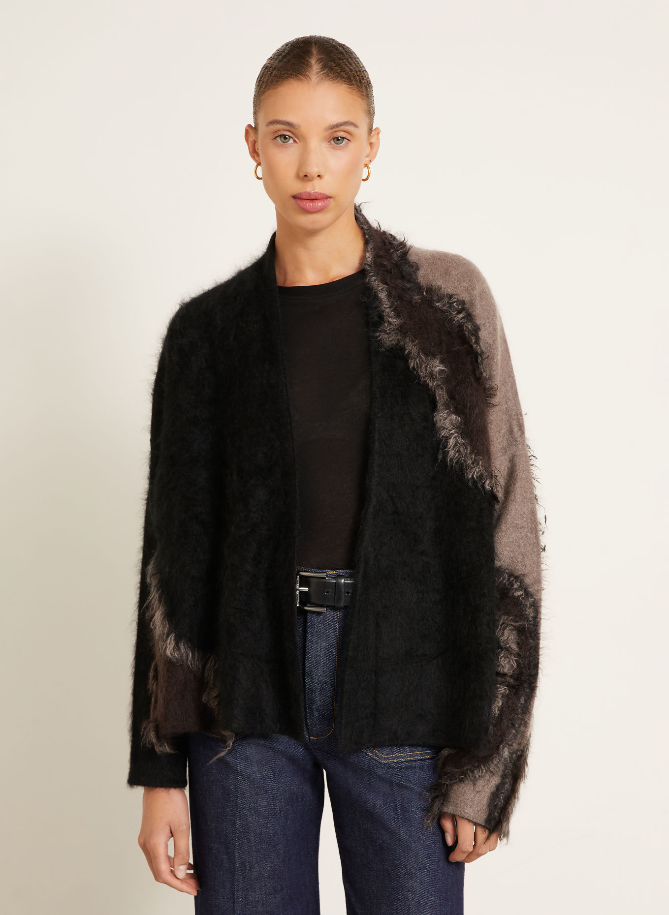 IRIS von ARNIM Gilet ouvert en maille TINAJA en cachemire: NOIR / MARRON FONCÉ / BEIGE
