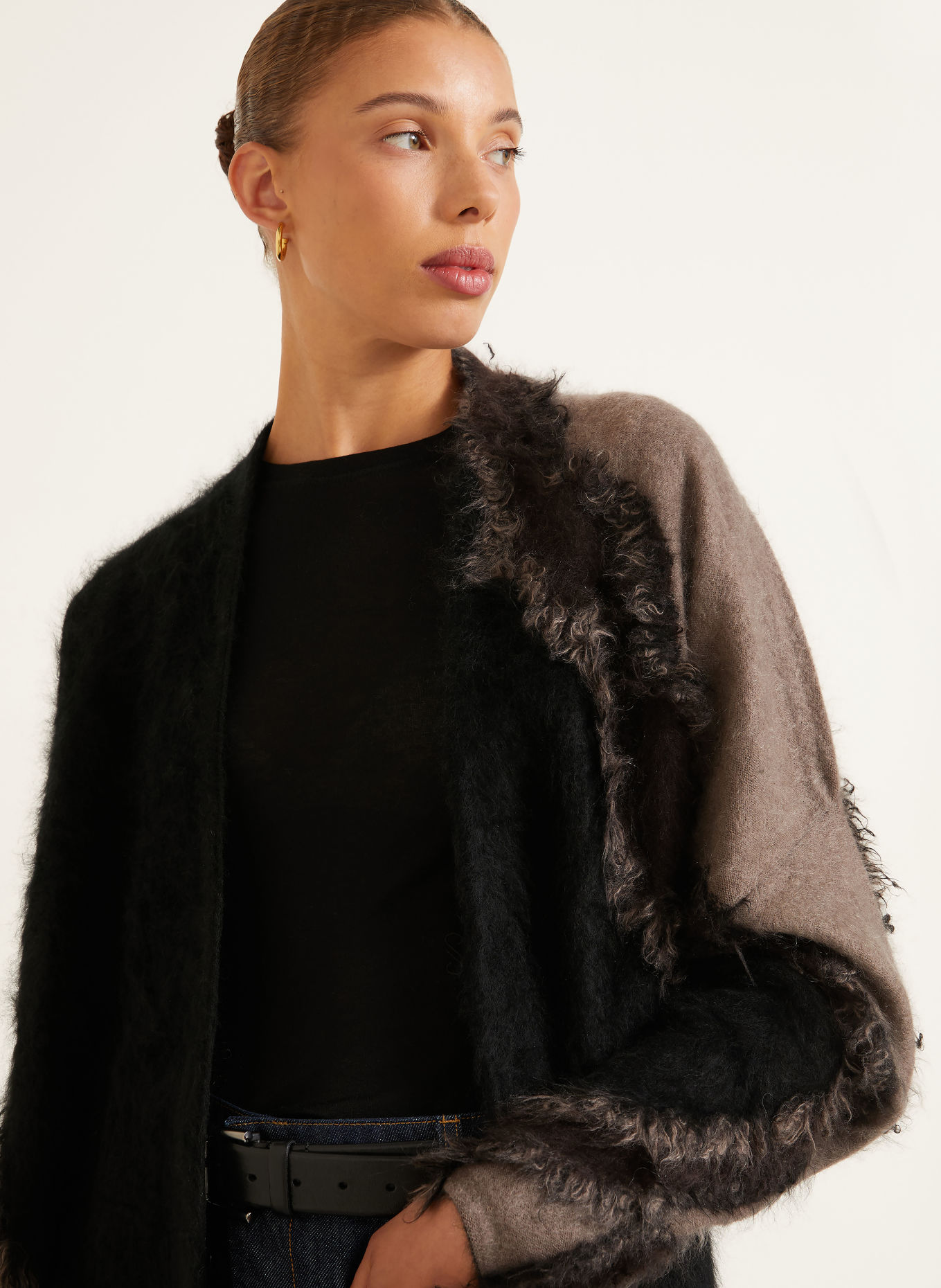 IRIS von ARNIM Gilet ouvert en maille TINAJA en cachemire: NOIR / MARRON FONCÉ / BEIGE