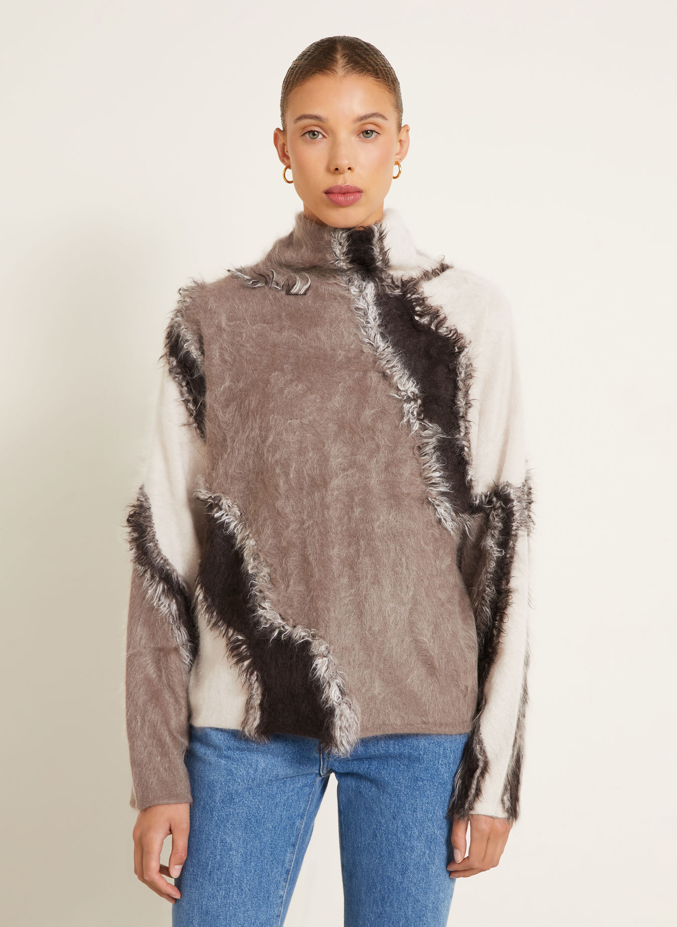 IRIS von ARNIM Pull à col roulé en cachemire: TAUPE / MARRON FONCÉ / ÉCRU