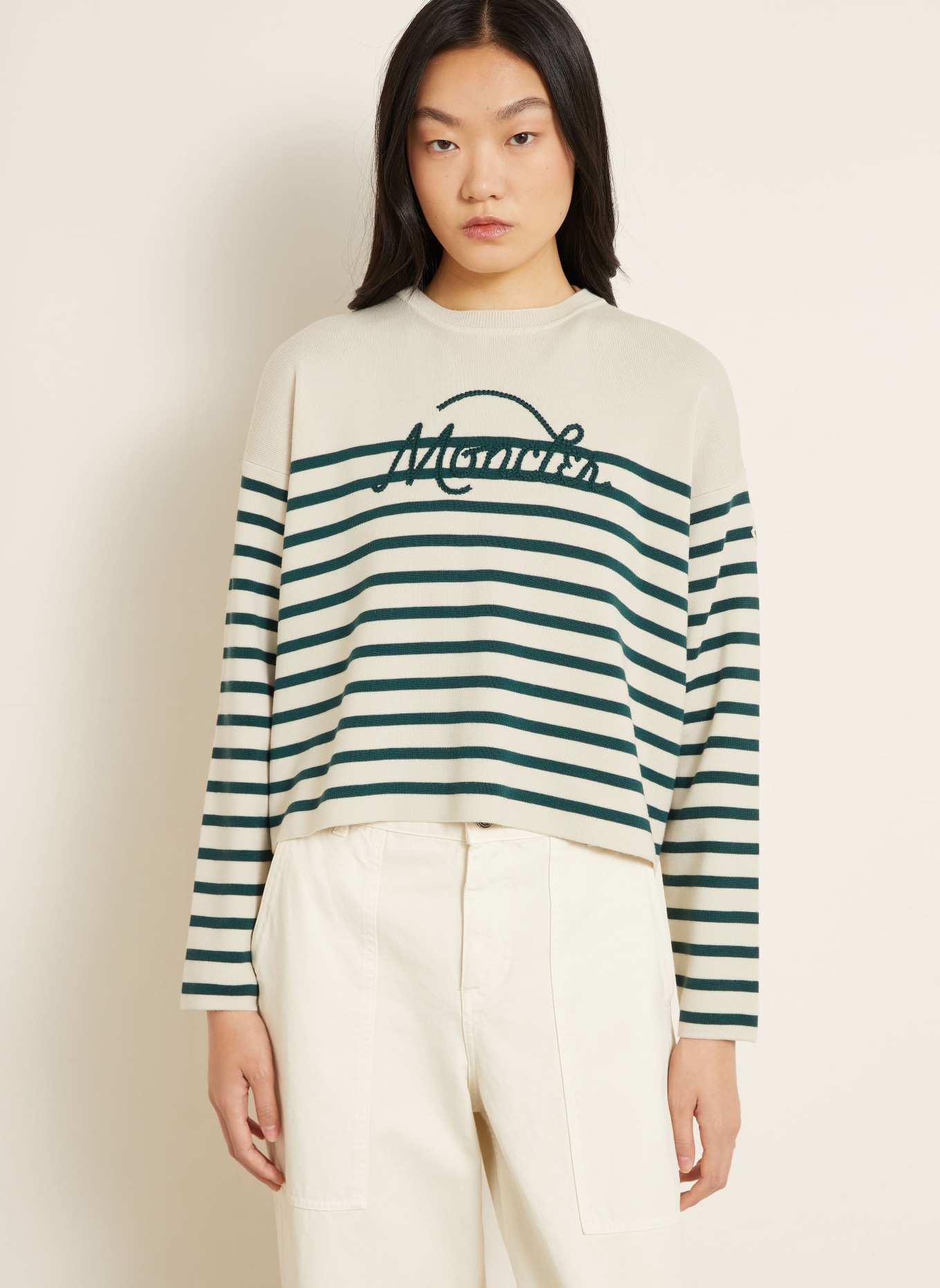MONCLER Pullover: CREME / DUNKELGRÜN