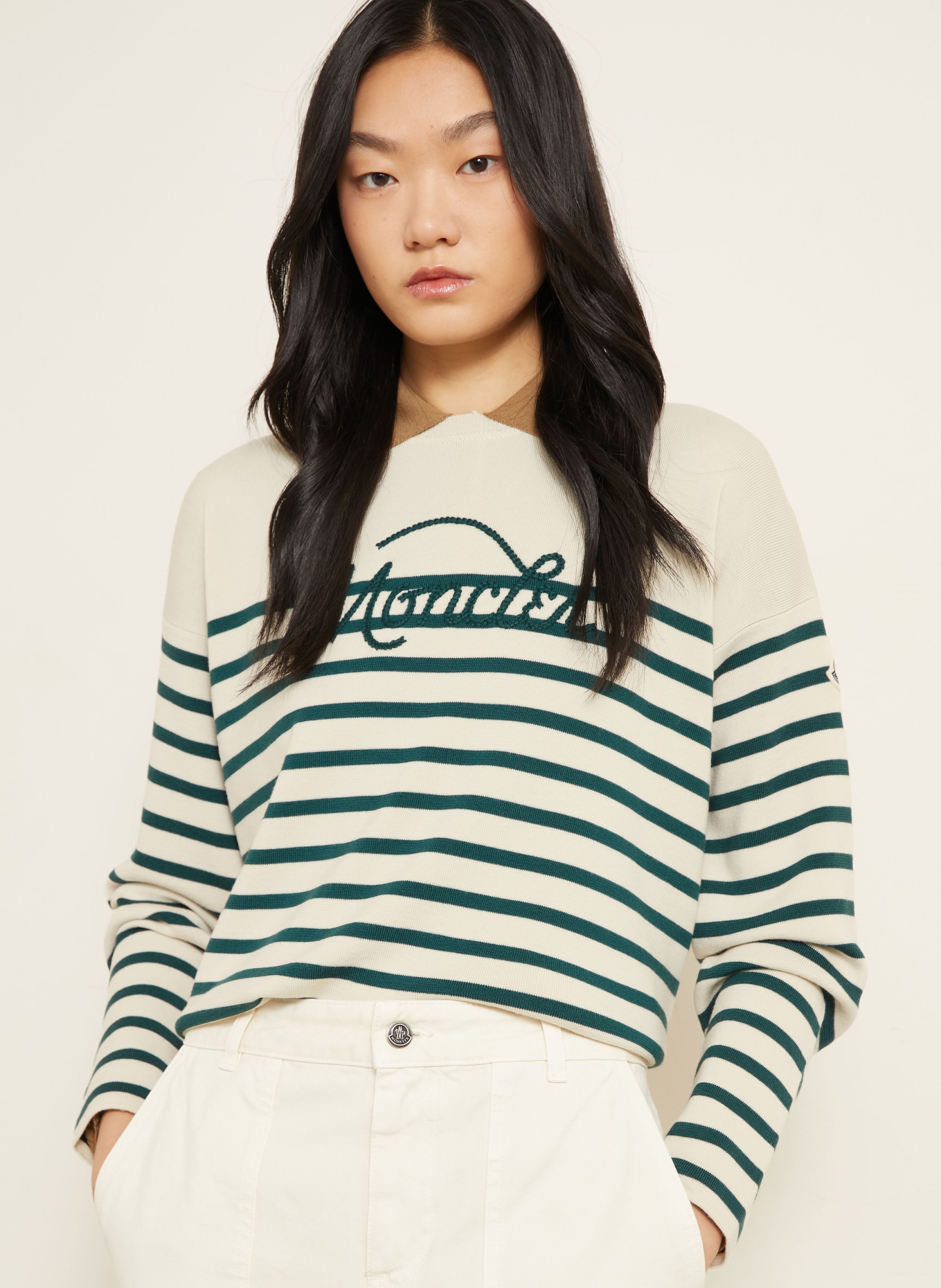 MONCLER Pullover: CREME / DUNKELGRÜN