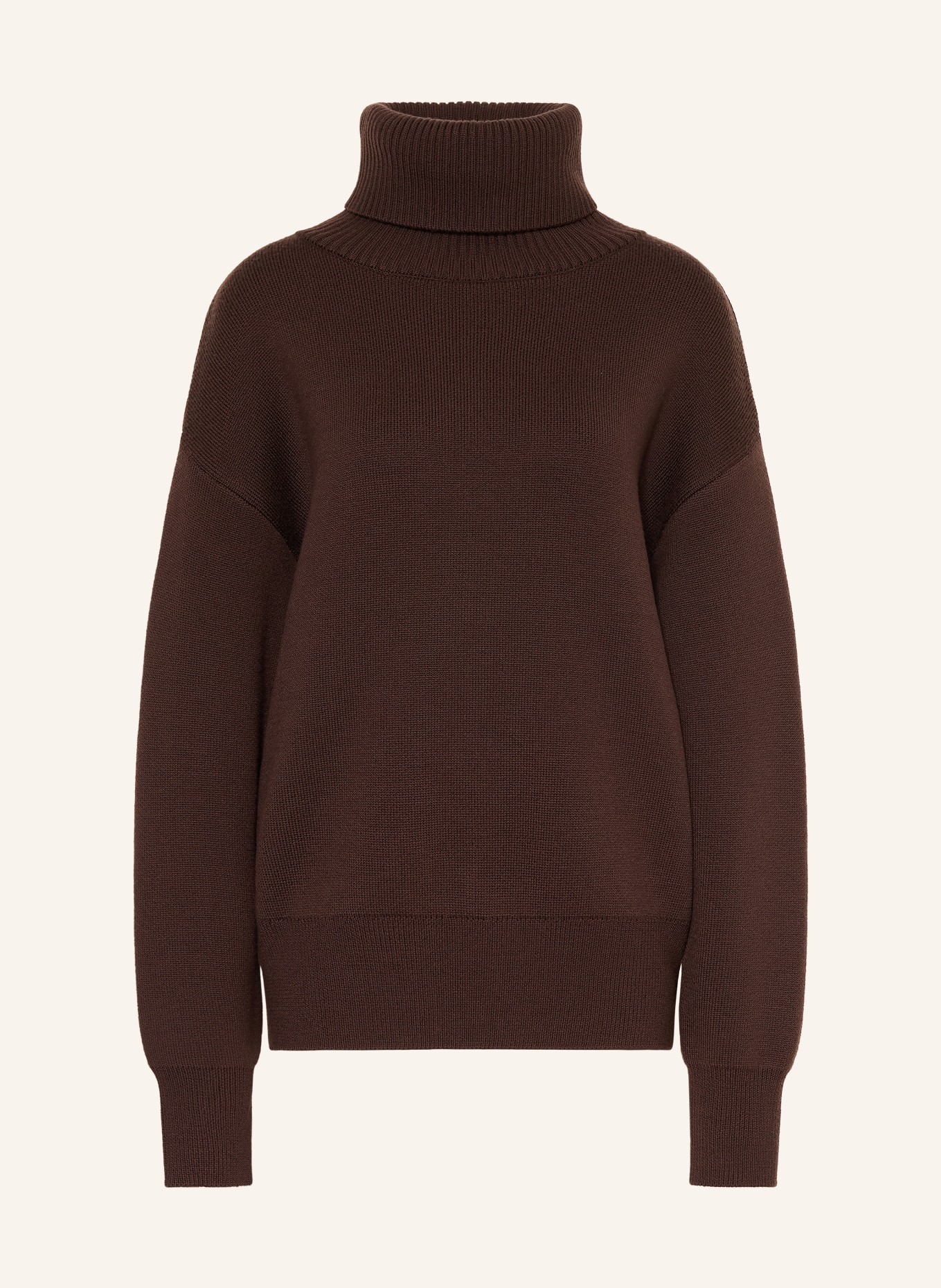 Rhea. Turtleneck sweater: DARK BROWN