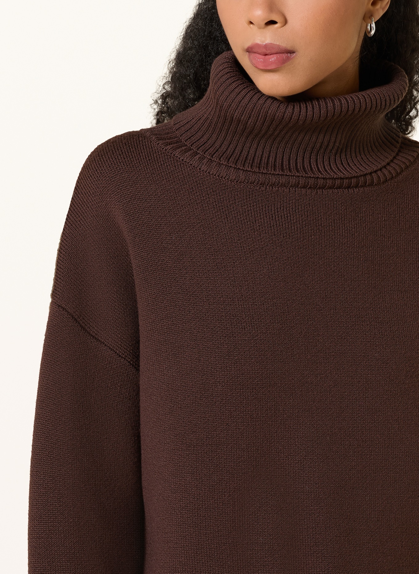 Rhea. Turtleneck sweater: DARK BROWN