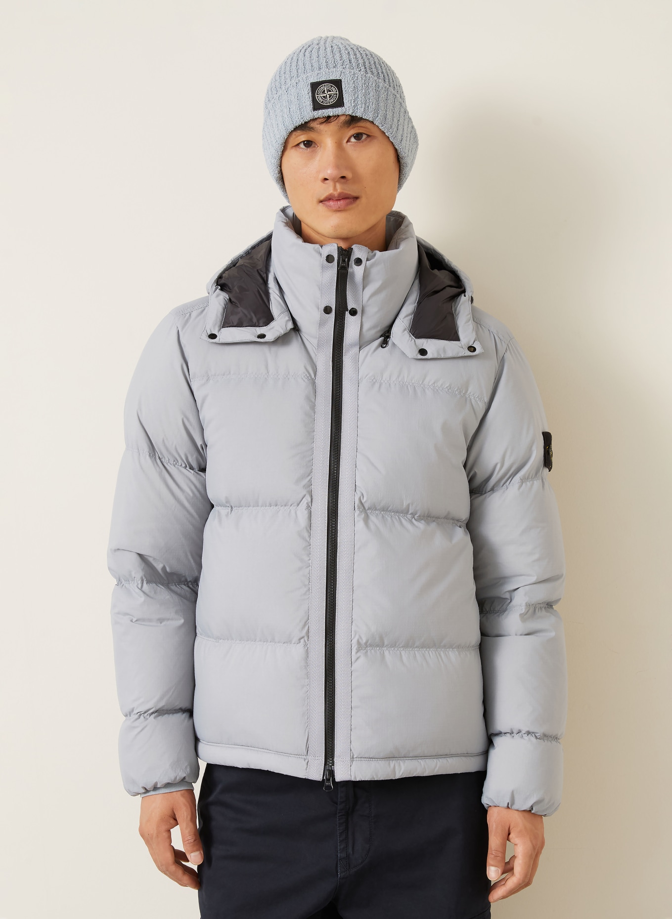 STONE ISLAND Down jacket with removable hood: BLUE GRAY