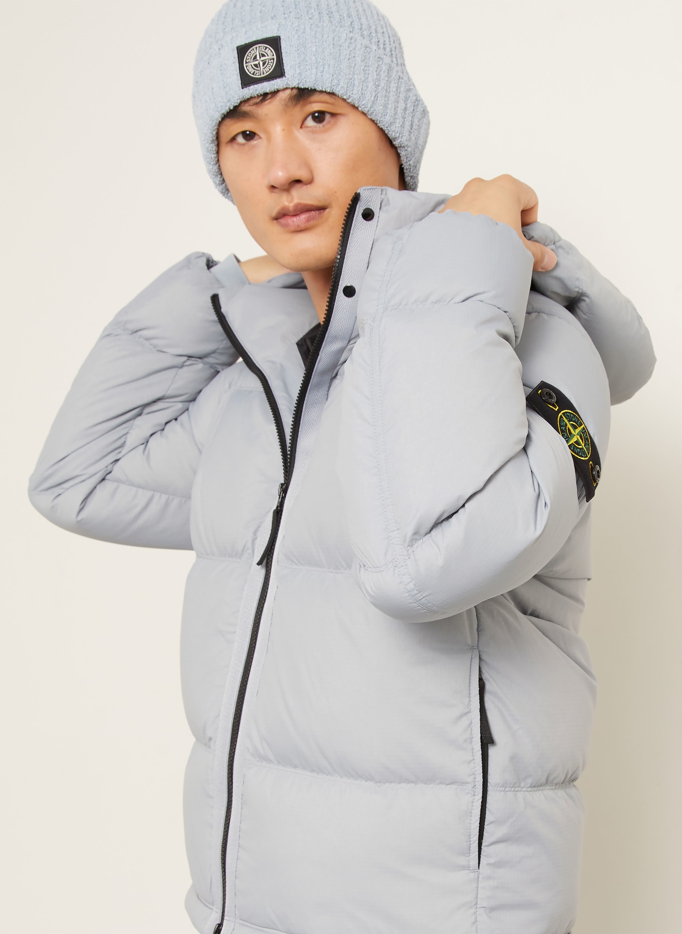 STONE ISLAND Down jacket with removable hood: BLUE GRAY