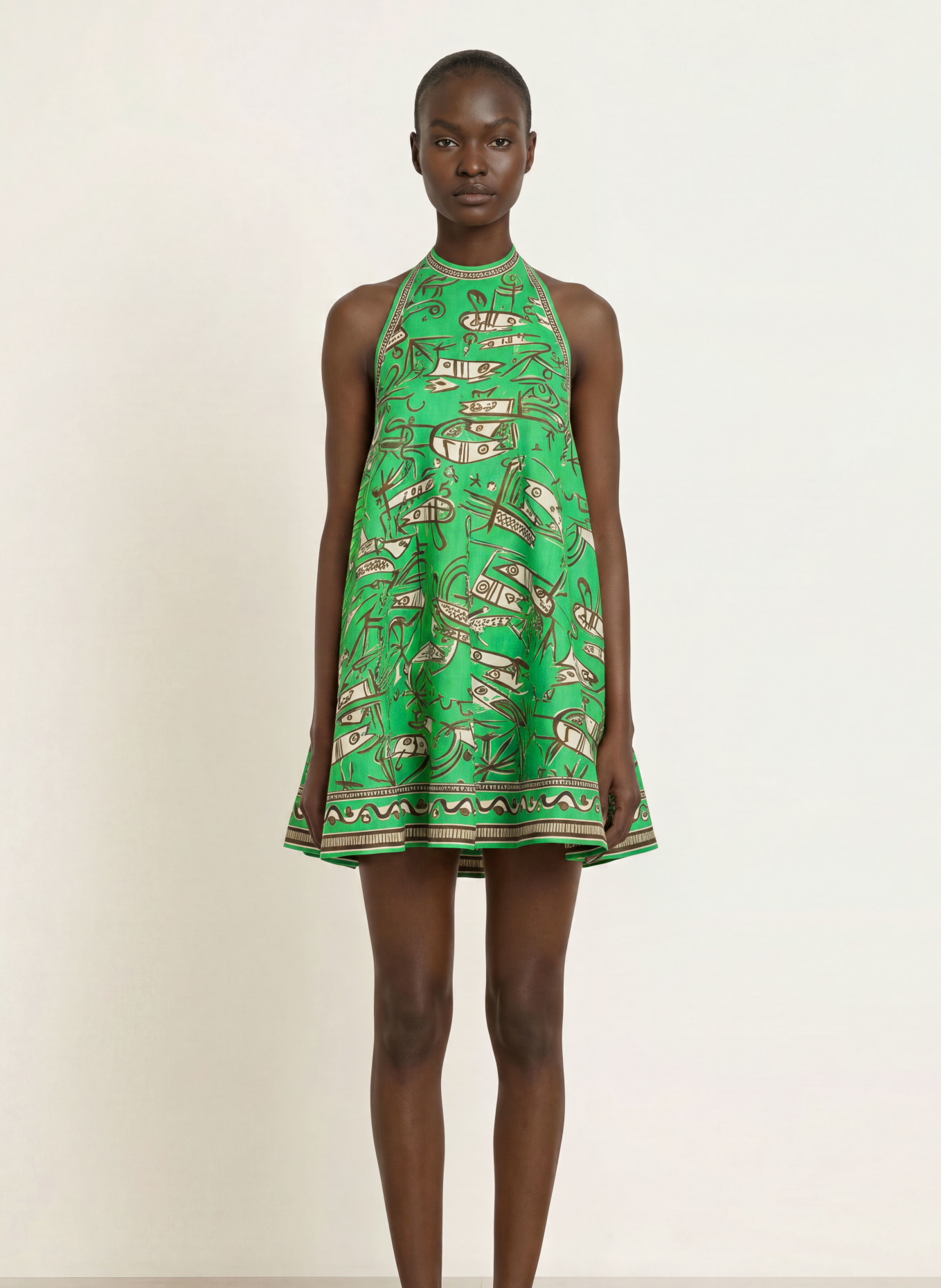 ALÉMAIS Leinenkleid FISH STICKS: GRÜN / BRAUN / CREME