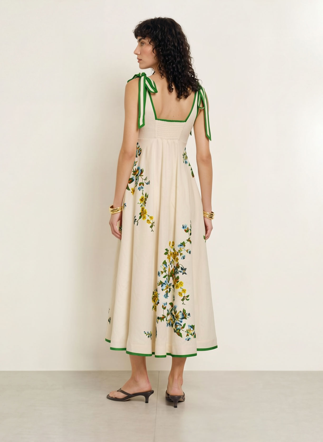 ALÉMAIS PHYLLIS Linen Dress: CREAM / GREEN / LIGHT BLUE