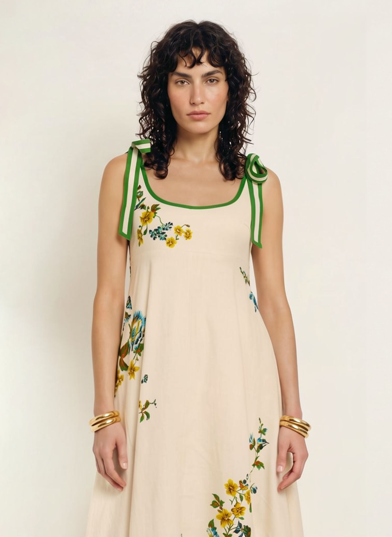 ALÉMAIS PHYLLIS Linen Dress: CREAM / GREEN / LIGHT BLUE