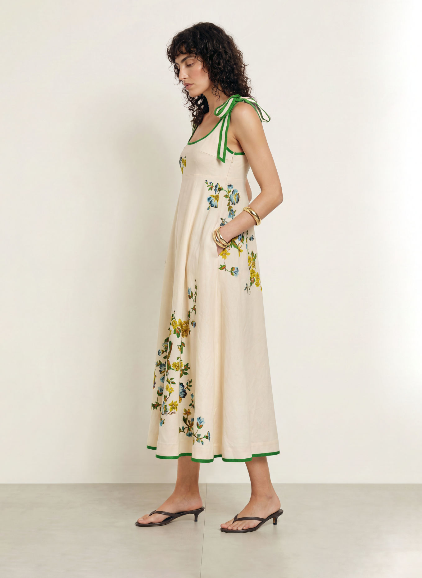 ALÉMAIS PHYLLIS Linen Dress: CREAM / GREEN / LIGHT BLUE