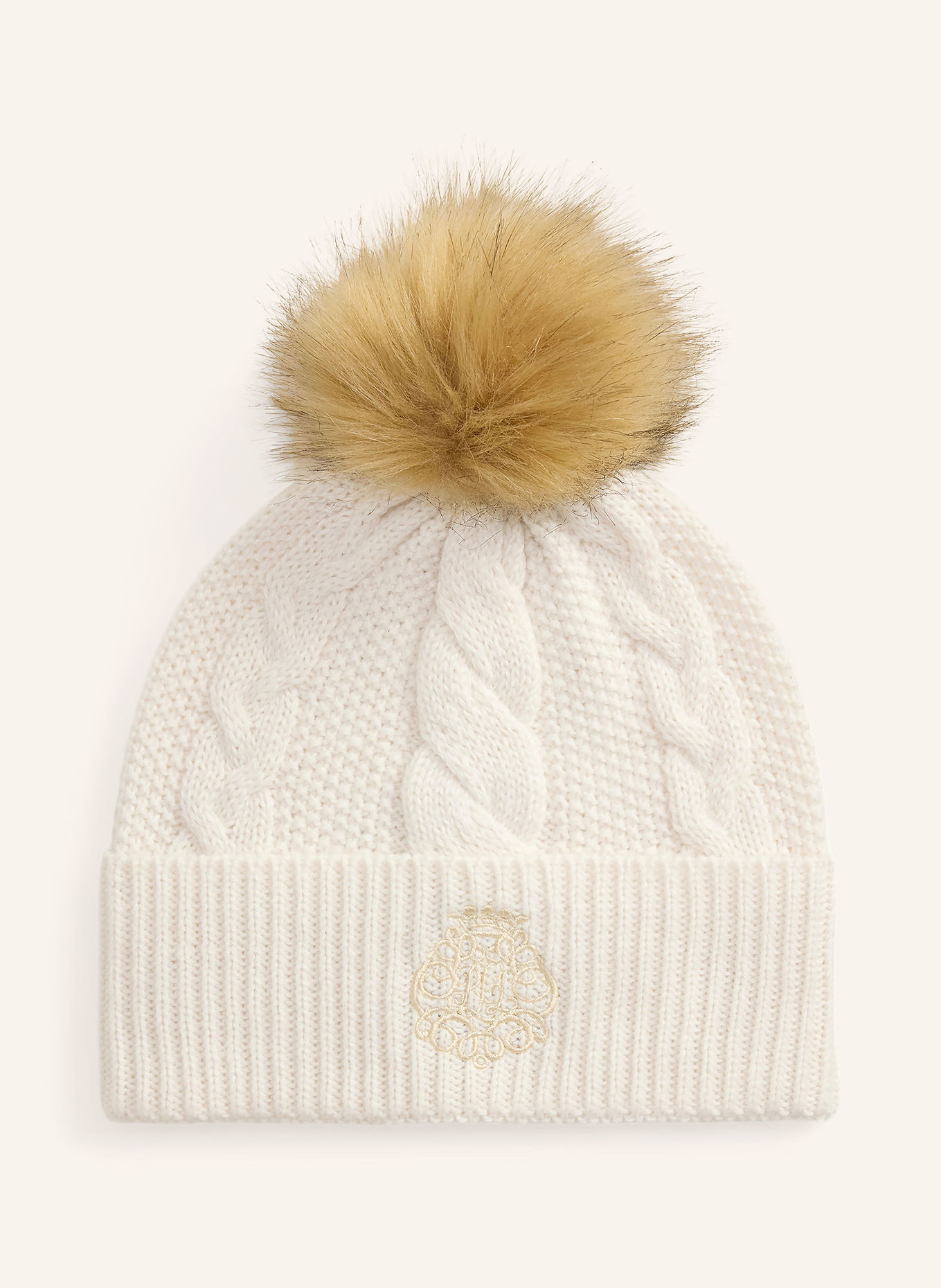 LAUREN RALPH LAUREN Mütze mit Kunstfell: CREME / HELLBRAUN