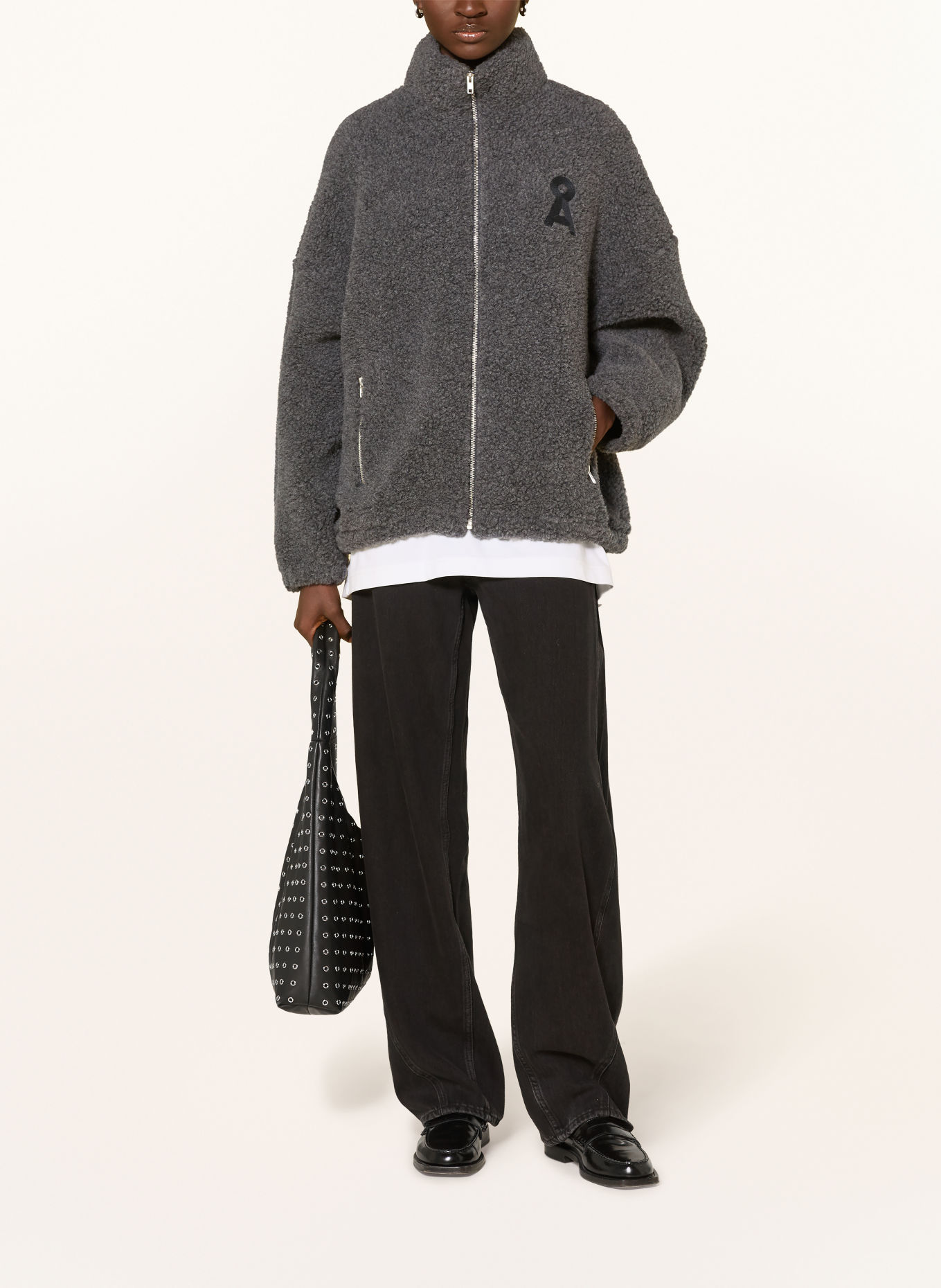 ARMEDANGELS Teddyfell-Jacke: GRAU / SCHWARZ