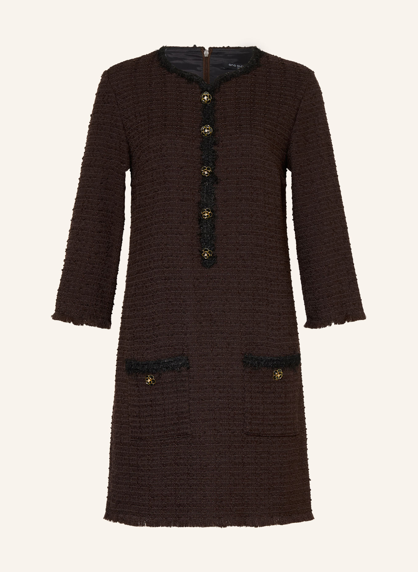 Ana Alcazar Bouclé dress with 3/4 sleeves and rhinestones: DARK BROWN / BLACK