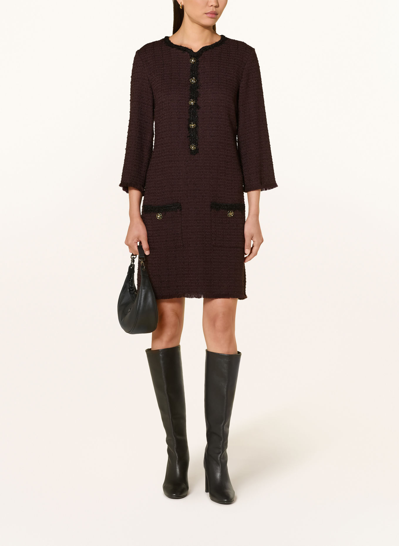 Ana Alcazar Bouclé dress with 3/4 sleeves and rhinestones: DARK BROWN / BLACK