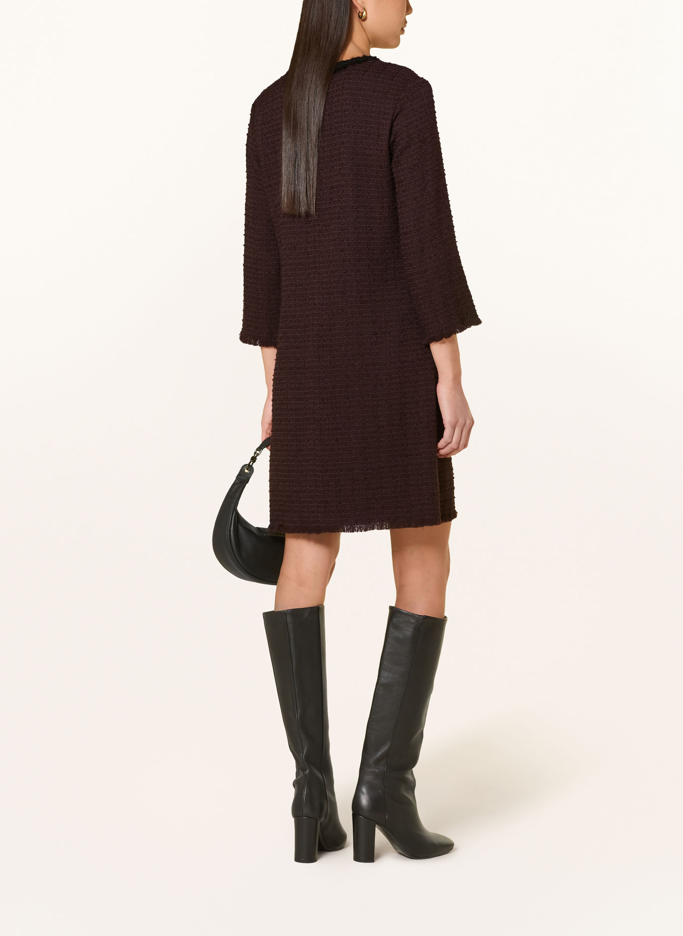 Ana Alcazar Bouclé dress with 3/4 sleeves and rhinestones: DARK BROWN / BLACK