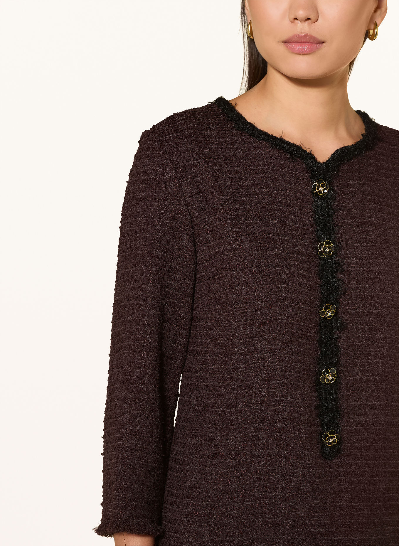 Ana Alcazar Bouclé dress with 3/4 sleeves and rhinestones: DARK BROWN / BLACK