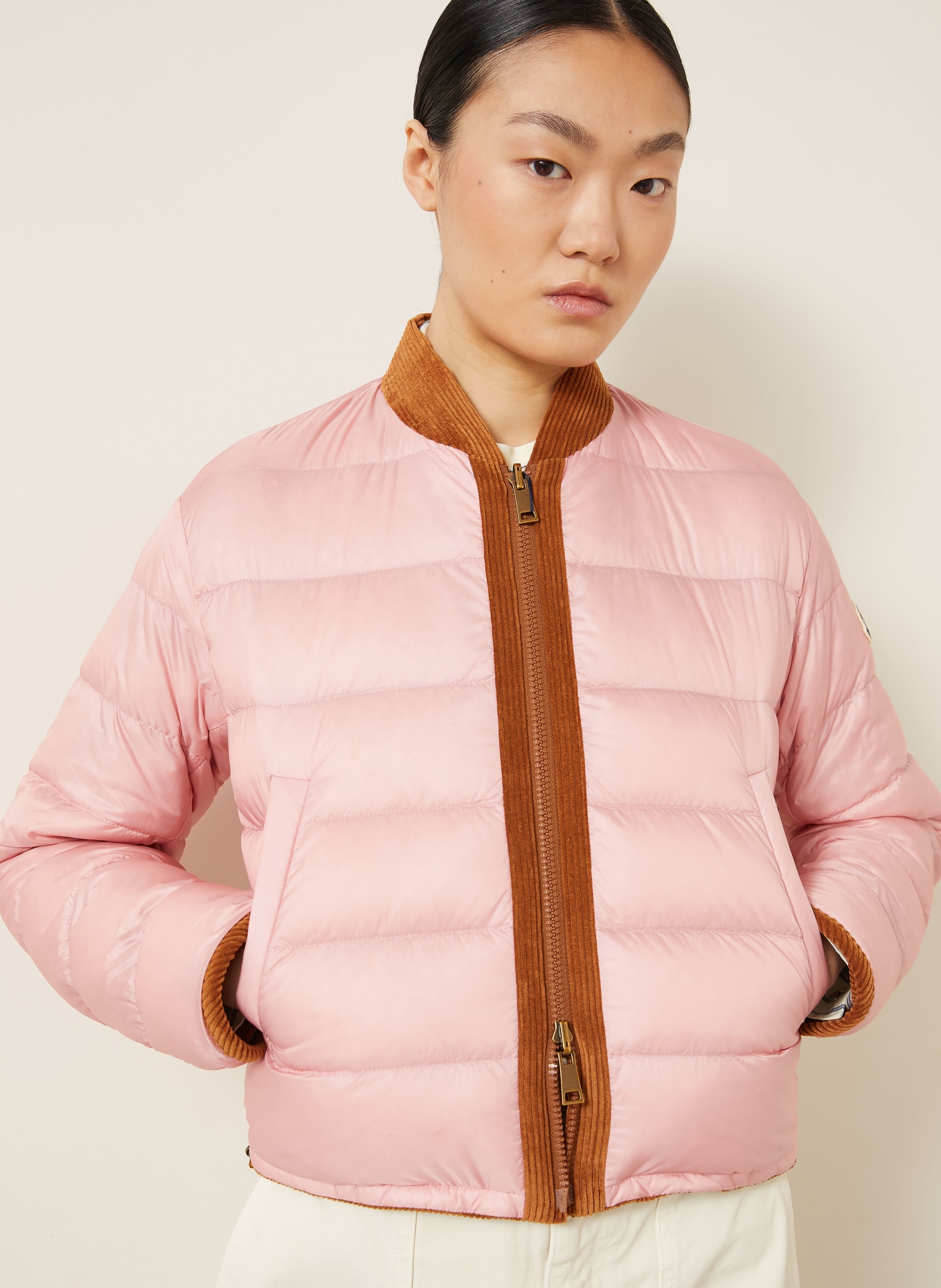 MONCLER BLAGEON Reversible Down Bomber Jacket: BROWN / PINK