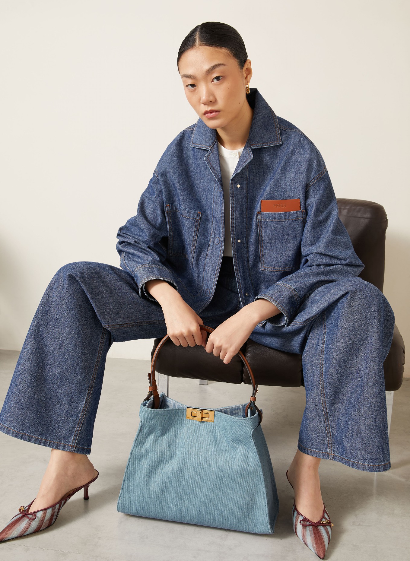 FENDI WAY MEDIUM Handbag: LIGHT BLUE / DARK BROWN