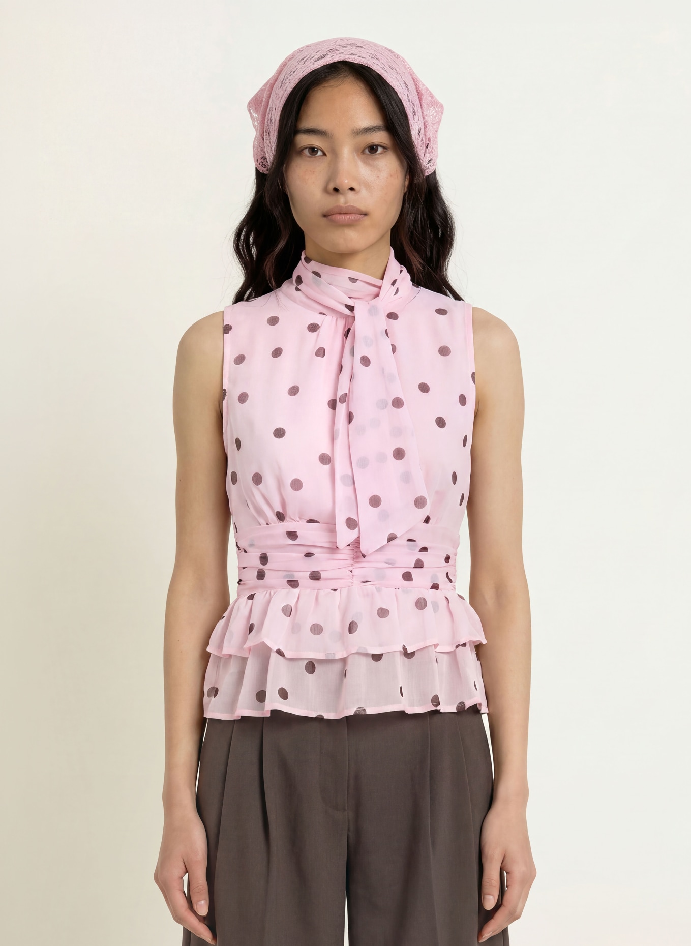 NEO NOIR Blousetop ANSOL met strik: ROZE / MARRON FONCÉ
