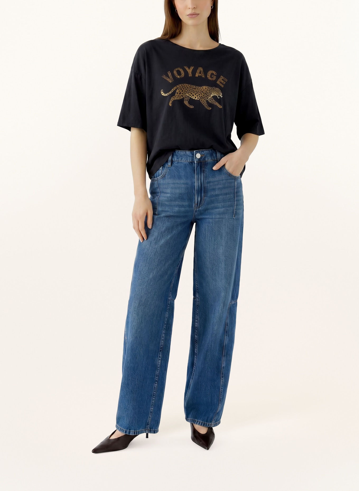 oui T-shirt met sierstenen: ZWART / LICHTBRUIN / BRUIN