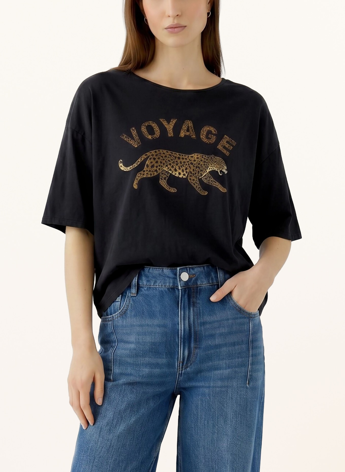 oui T-shirt met sierstenen: ZWART / LICHTBRUIN / BRUIN