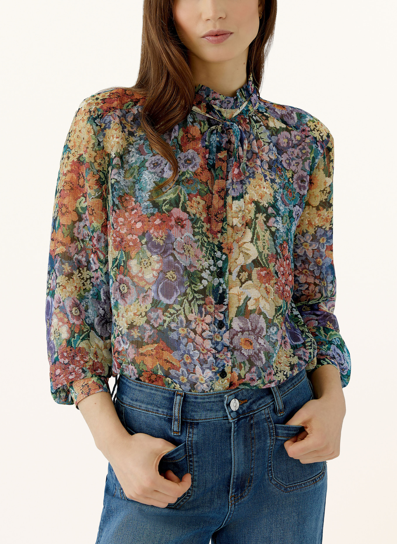 oui Blouse with removable bow and volants: ORANGE FONCÉ / LILAS / VERT
