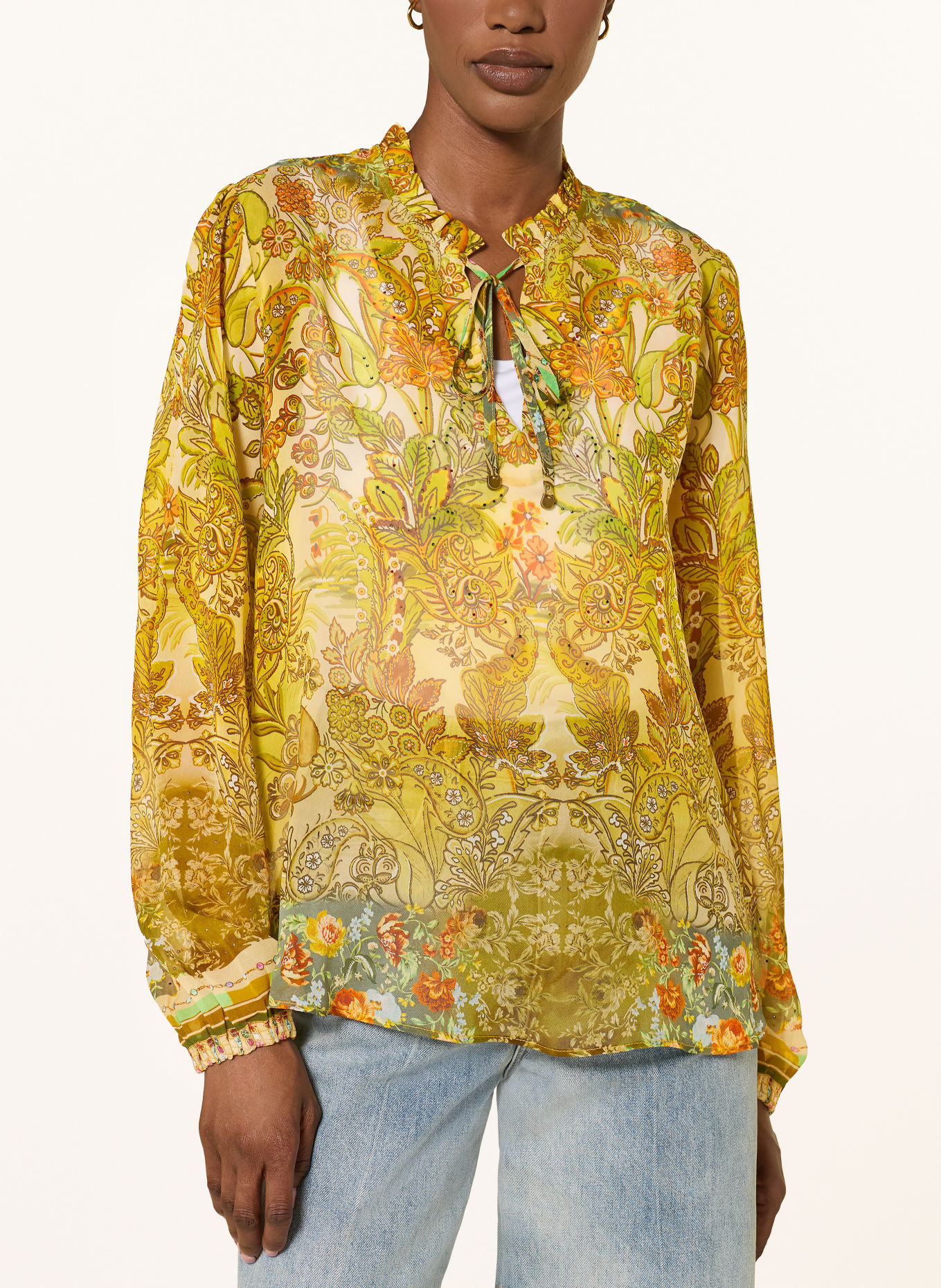Princess GOES HOLLYWOOD Zijden blouseshirt met ruches: LICHTGROEN / CRÈME / ORANJE