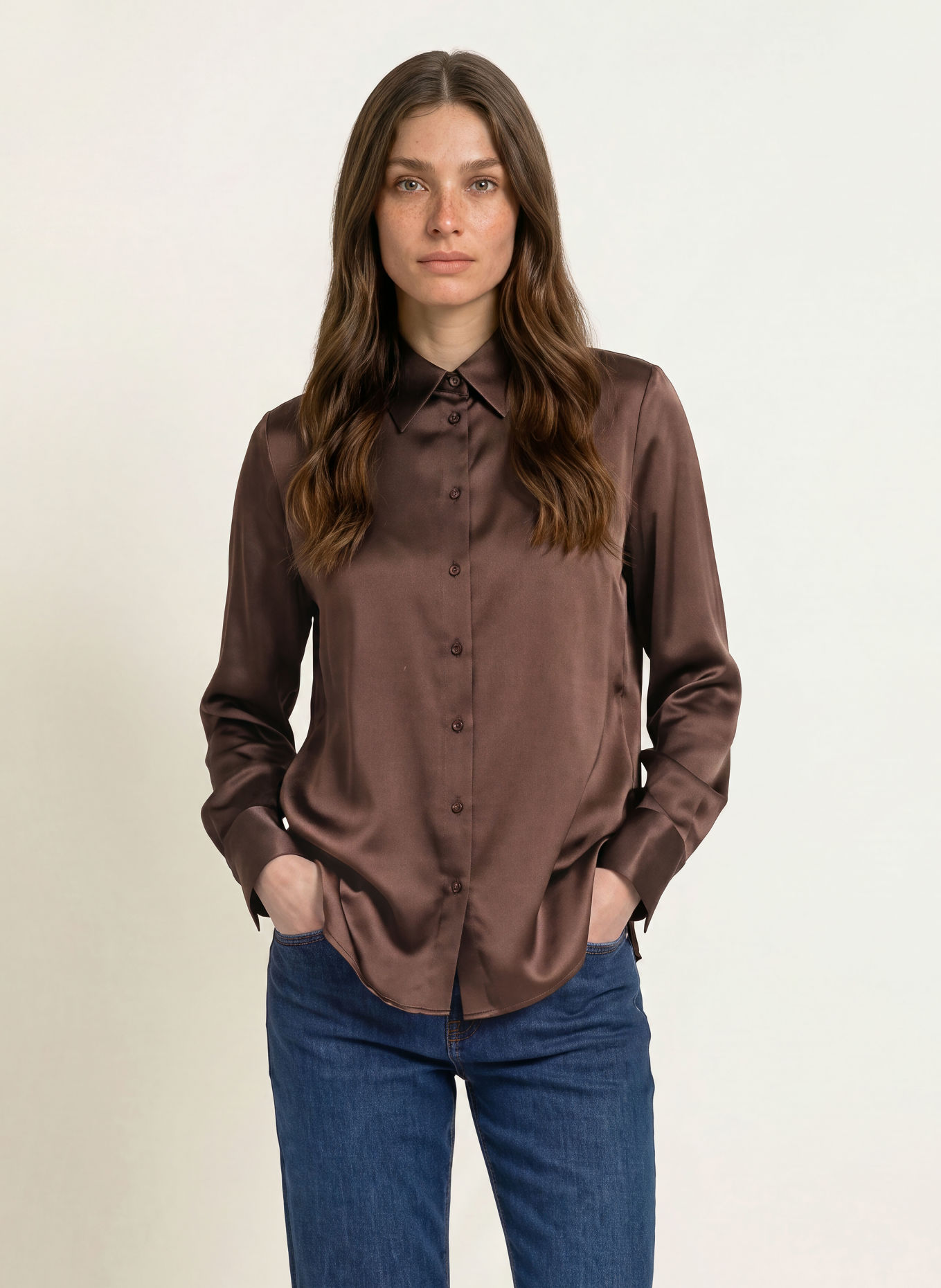 HERZENS ERIN Shirt blouse with Silk: DARK BROWN