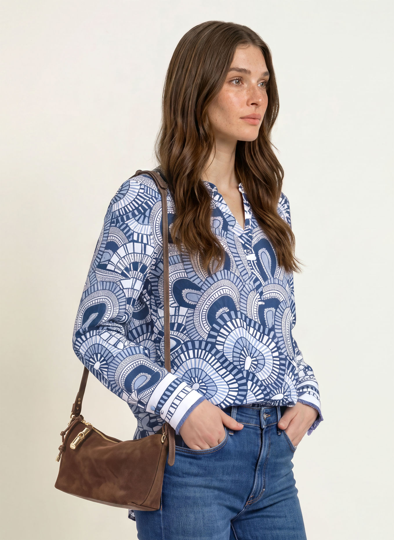 HERZENS Chemisier en soie: BLANC / BLEU CLAIR / BLEU FONCÉ