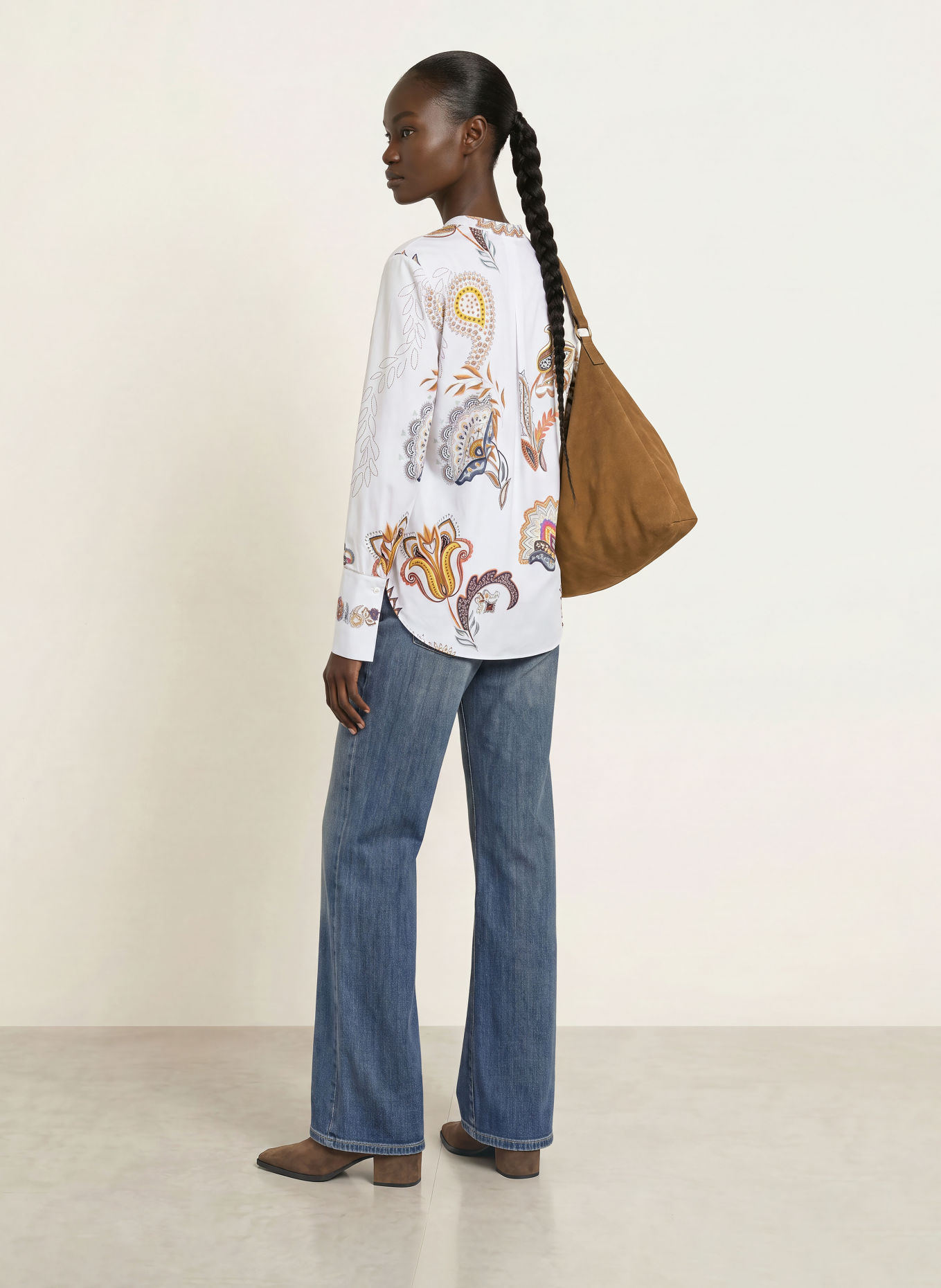 HERZENS Chemisier en soie: BLANC / MARRON / GRIS