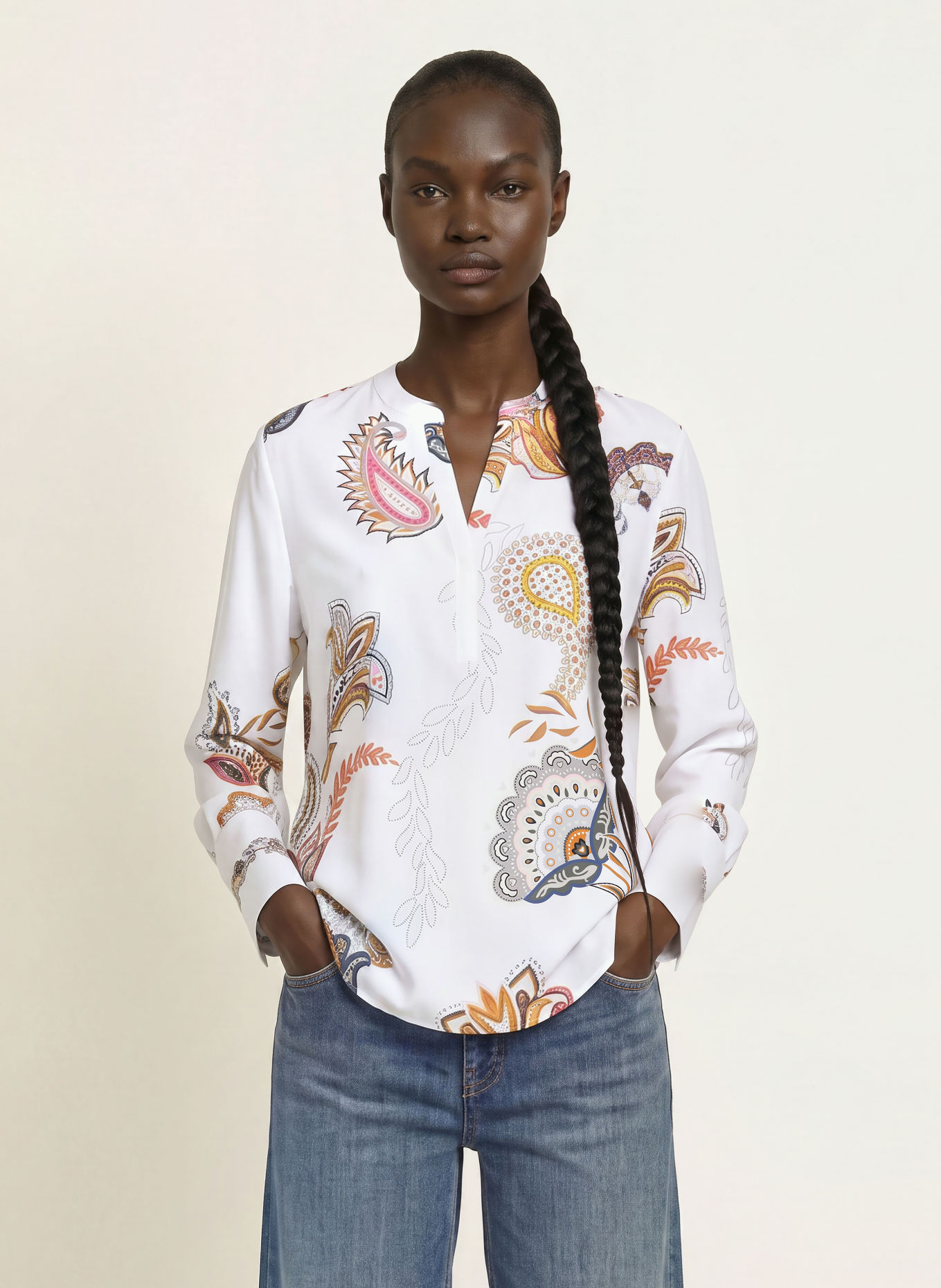 HERZENS Chemisier en soie: BLANC / MARRON / GRIS