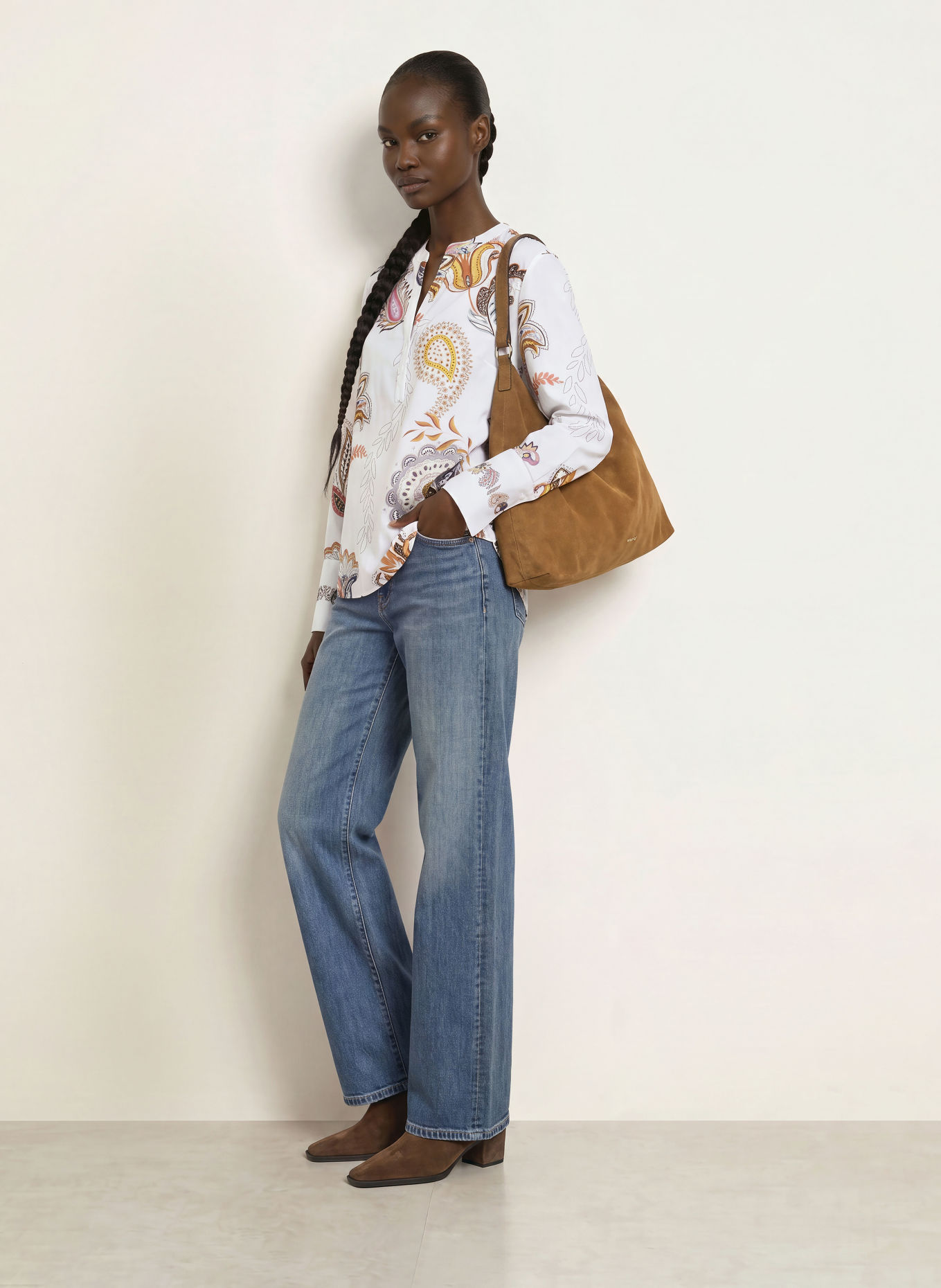 HERZENS Chemisier en soie: BLANC / MARRON / GRIS