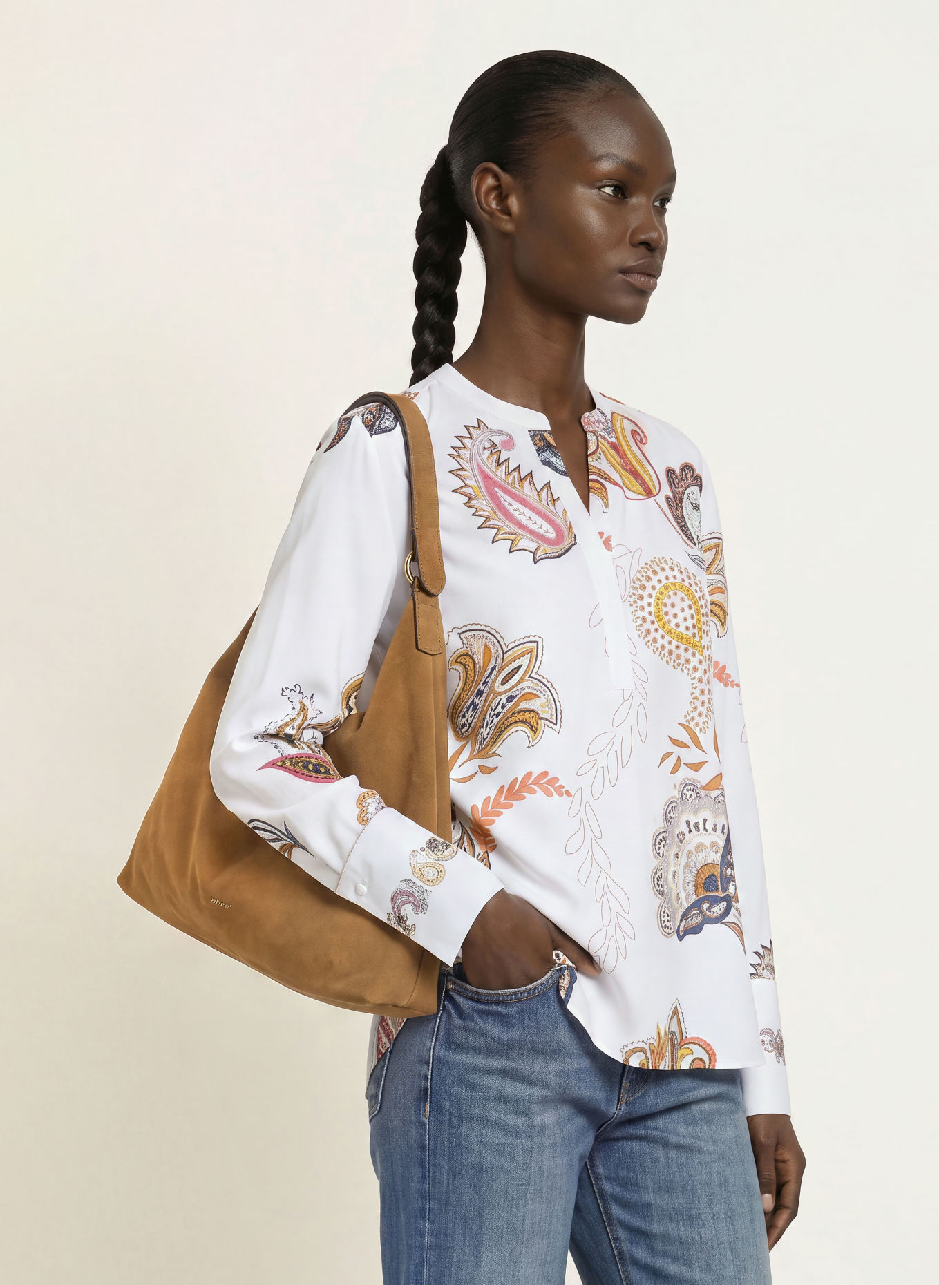 HERZENS Chemisier en soie: BLANC / MARRON / GRIS