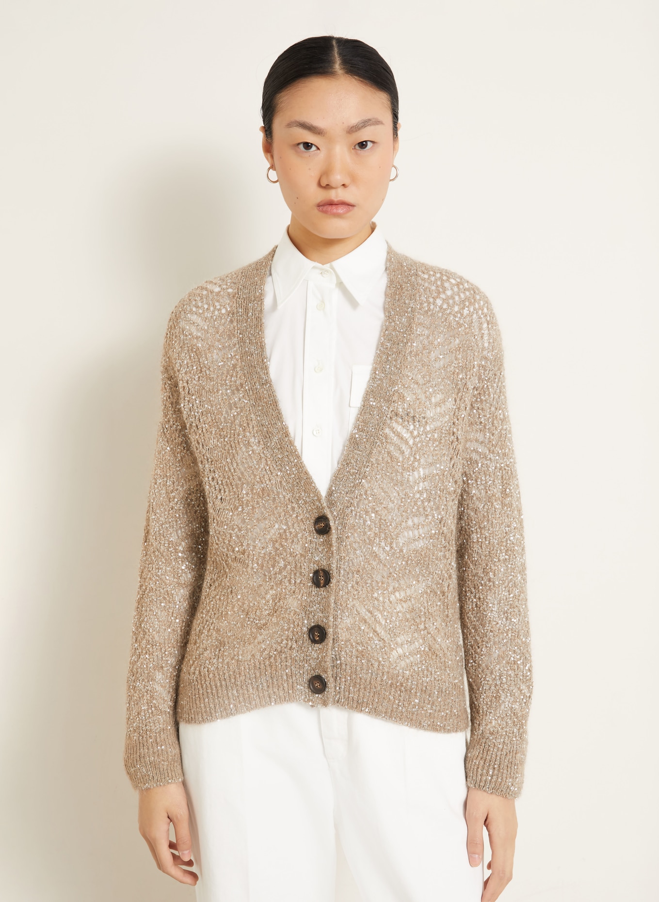 BRUNELLO CUCINELLI Stickad kofta med paljetter: LJUSBRUN