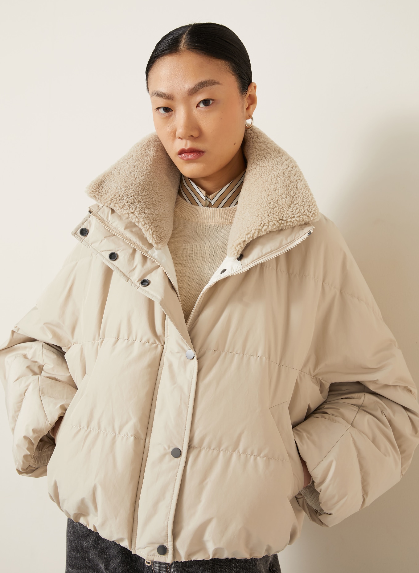 BRUNELLO CUCINELLI Dunjacka med avtagbar krage: BEIGE