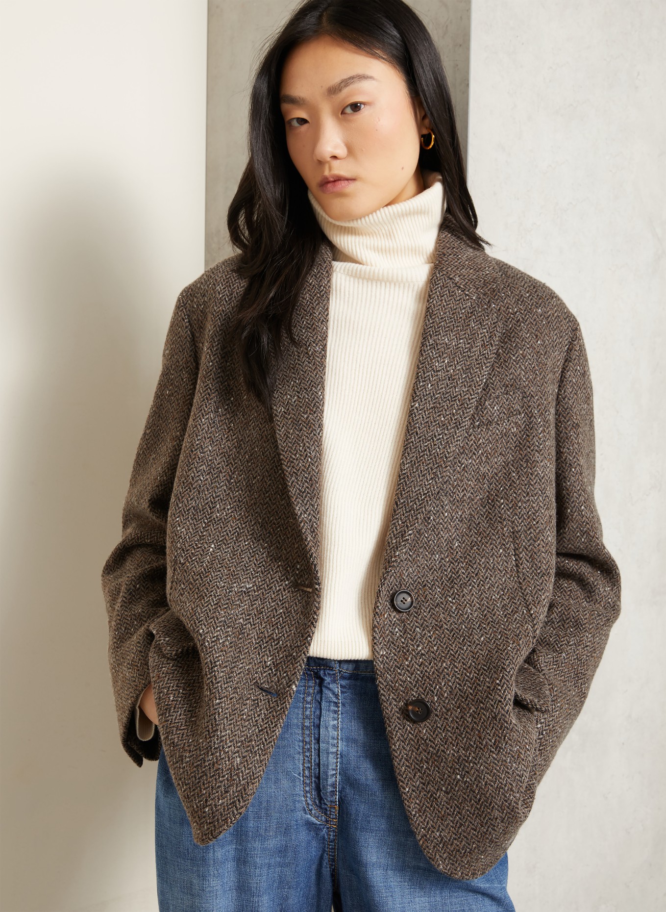 BRUNELLO CUCINELLI Blazer avec fil pailleté et paillettes: MARRON FONCÉ / NOIR