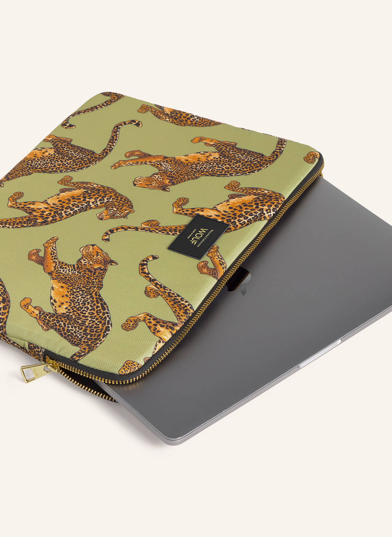 WOUF Housse pour ordinateur portable AVO LEOPARD: VERT CLAIR / COGNAC / NOIR