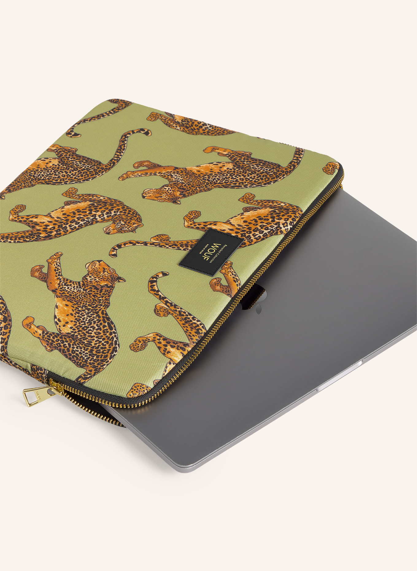 WOUF AVO LEOPARD Laptop sleeve: LIGHT GREEN / COGNAC / BLACK