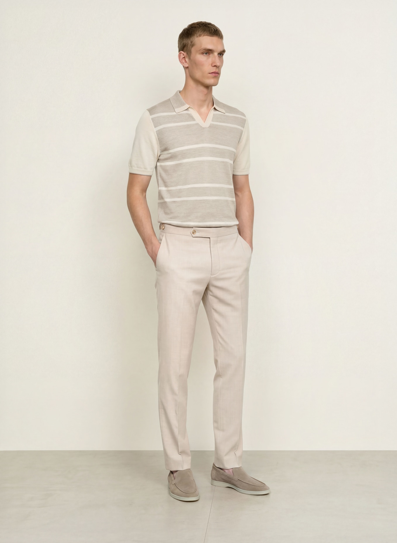 REISS Stickad pikétröja MILES i merinoull: BEIGE / GRÄDDE