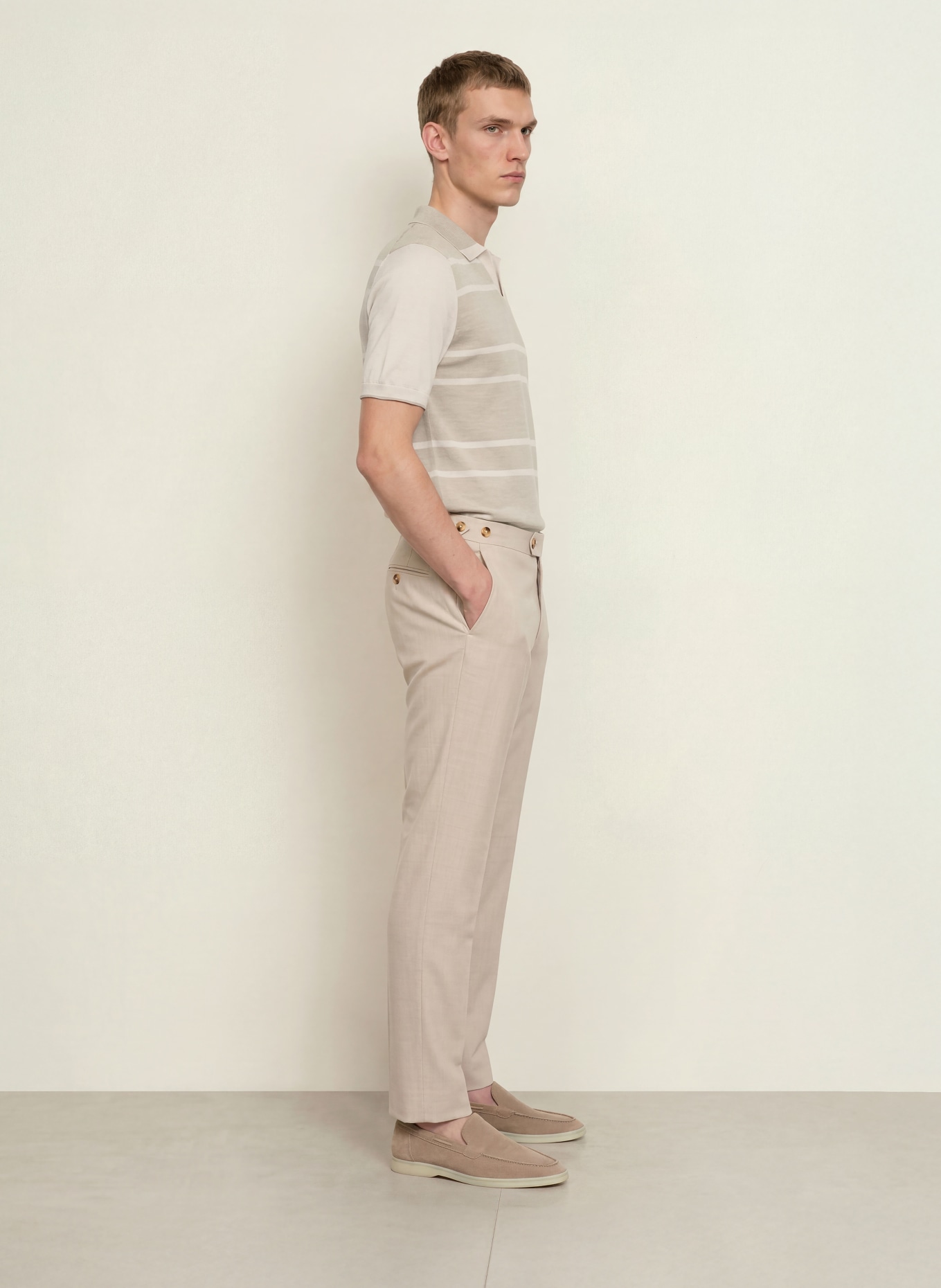 REISS Stickad pikétröja MILES i merinoull: BEIGE / GRÄDDE