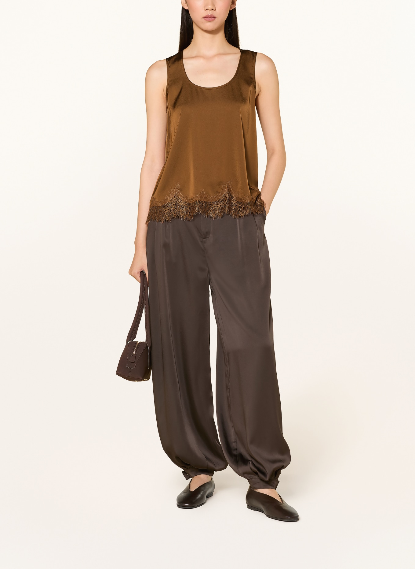 Rich & Royal Satin top with lace: BROWN