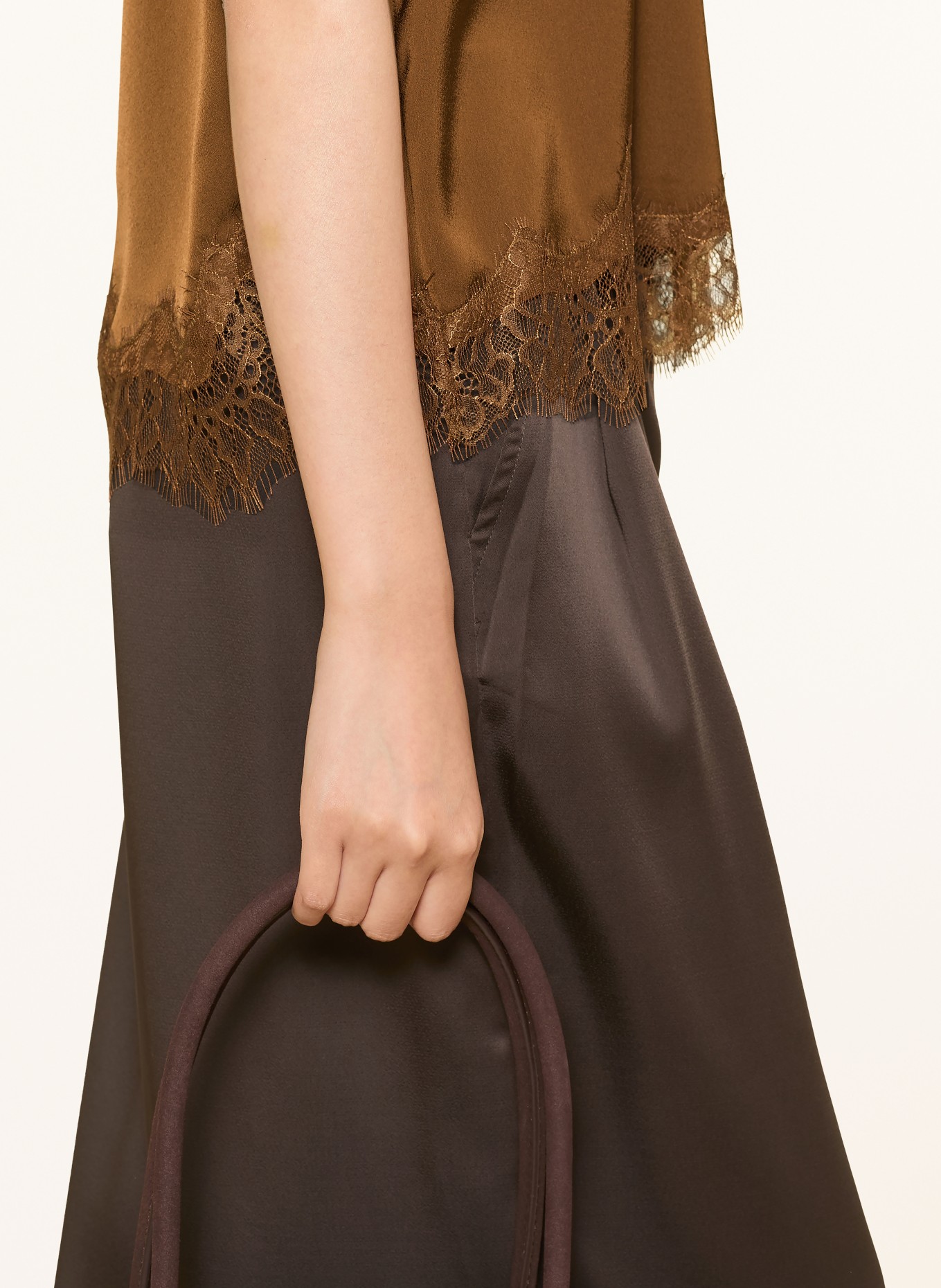 Rich & Royal Satin top with lace: BROWN