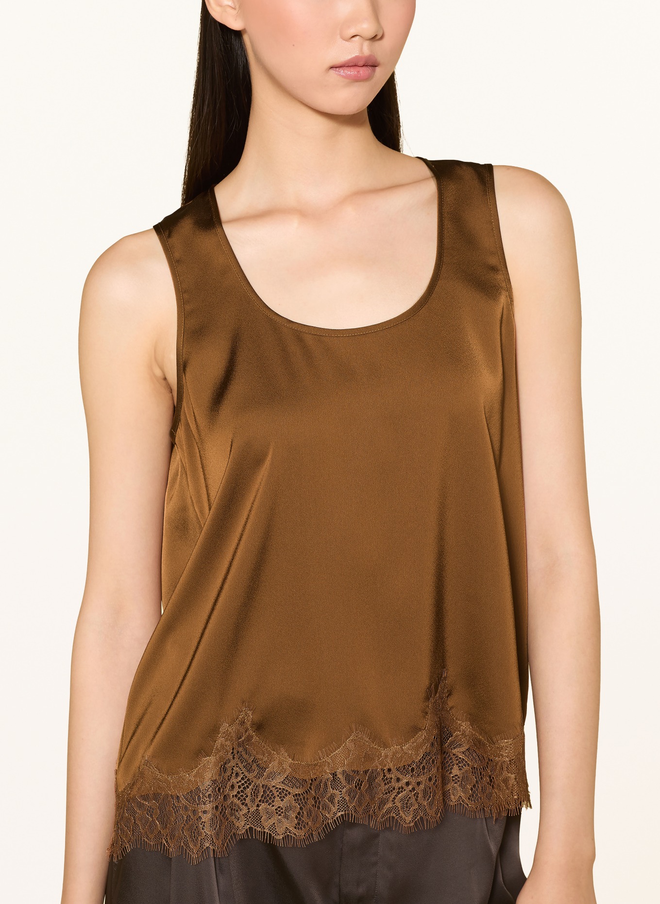Rich & Royal Satin top with lace: BROWN