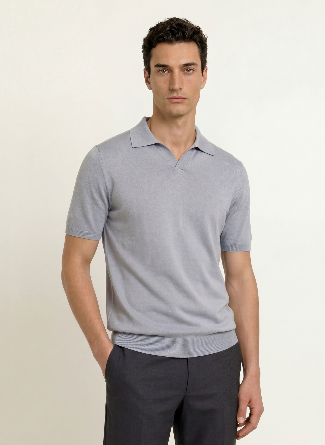 REISS Knit polo shirt ROOK: LIGHT BLUE