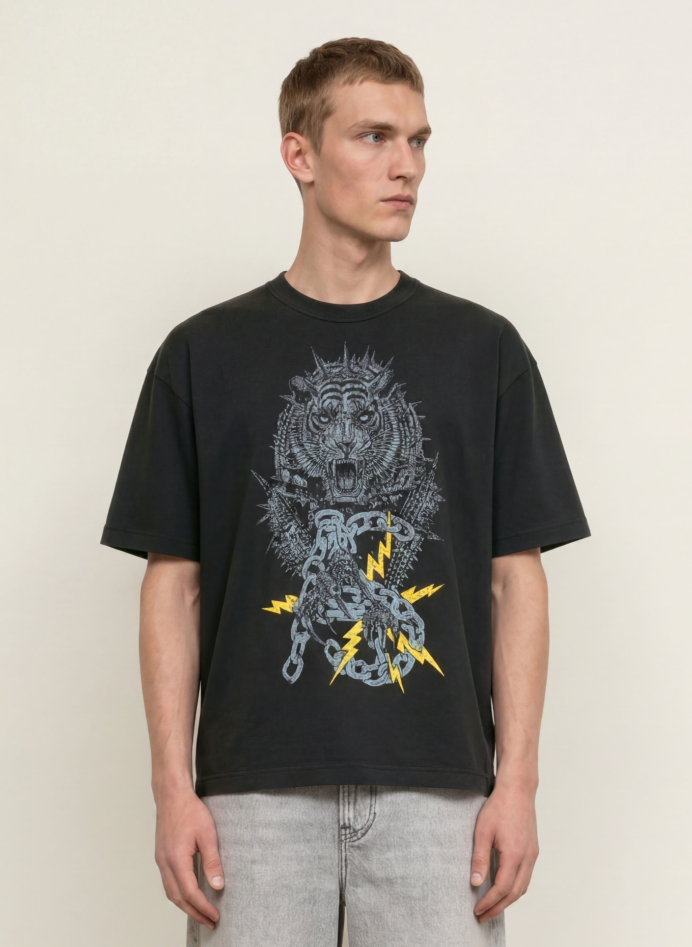 ALLSAINTS T-shirt IRON TIGER: ZWART / LICHTGRIJS