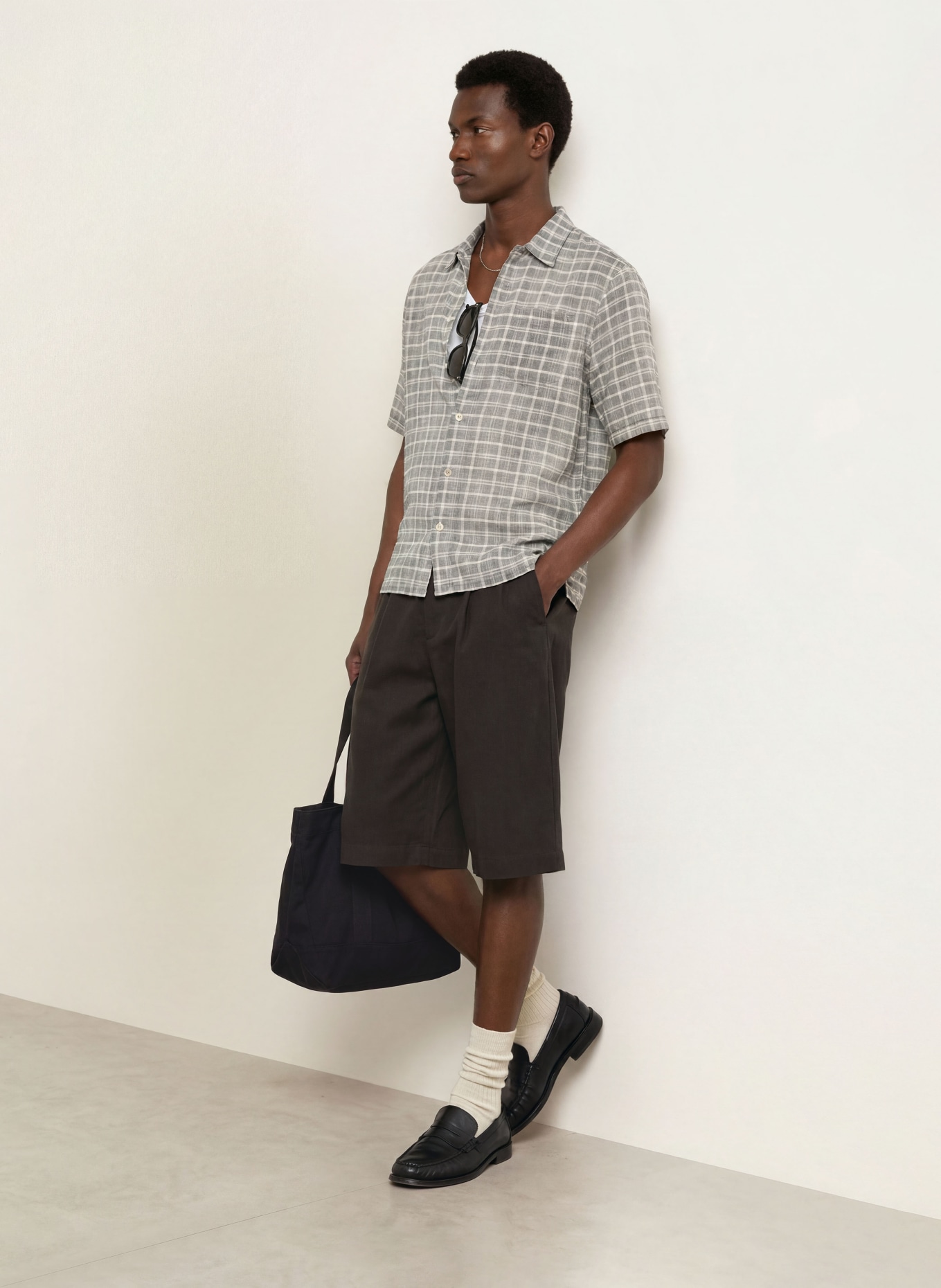 ALLSAINTS Chemise à manches courtes SANDY Comfort Fit: GRIS / BLANC
